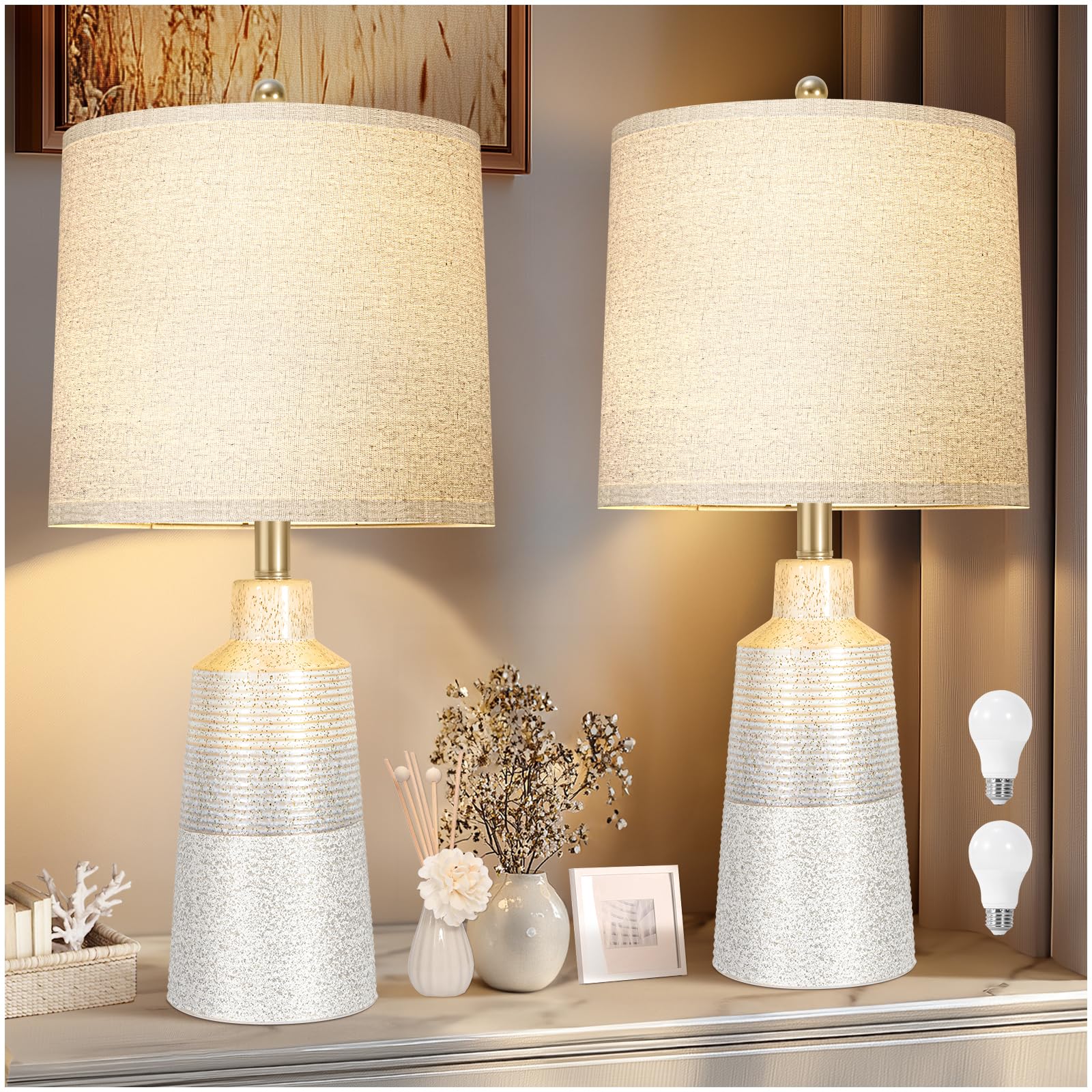 24.5'' Ceramic Table Lamps Set Of 2 For Nightstand,Lamps For Living Room With 3-Way Dimmable Bulb,Rotary Switch,Modern Table Lam