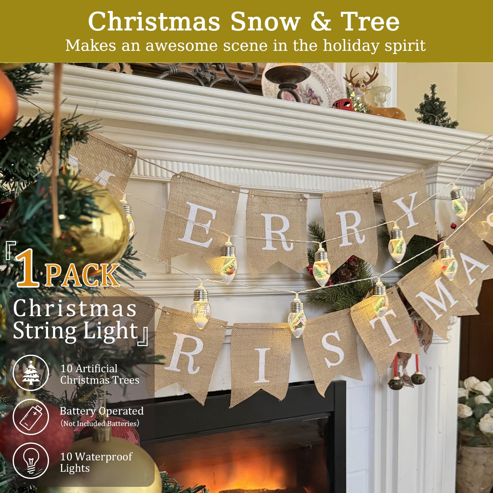 Vvolf Christmas Lights For Indoor, Snow Globe String Lights, Christmas Snow Globes With 10Led Globe Bulbs String Light With Tree& Snow & Cute Ornaments For Home Decor