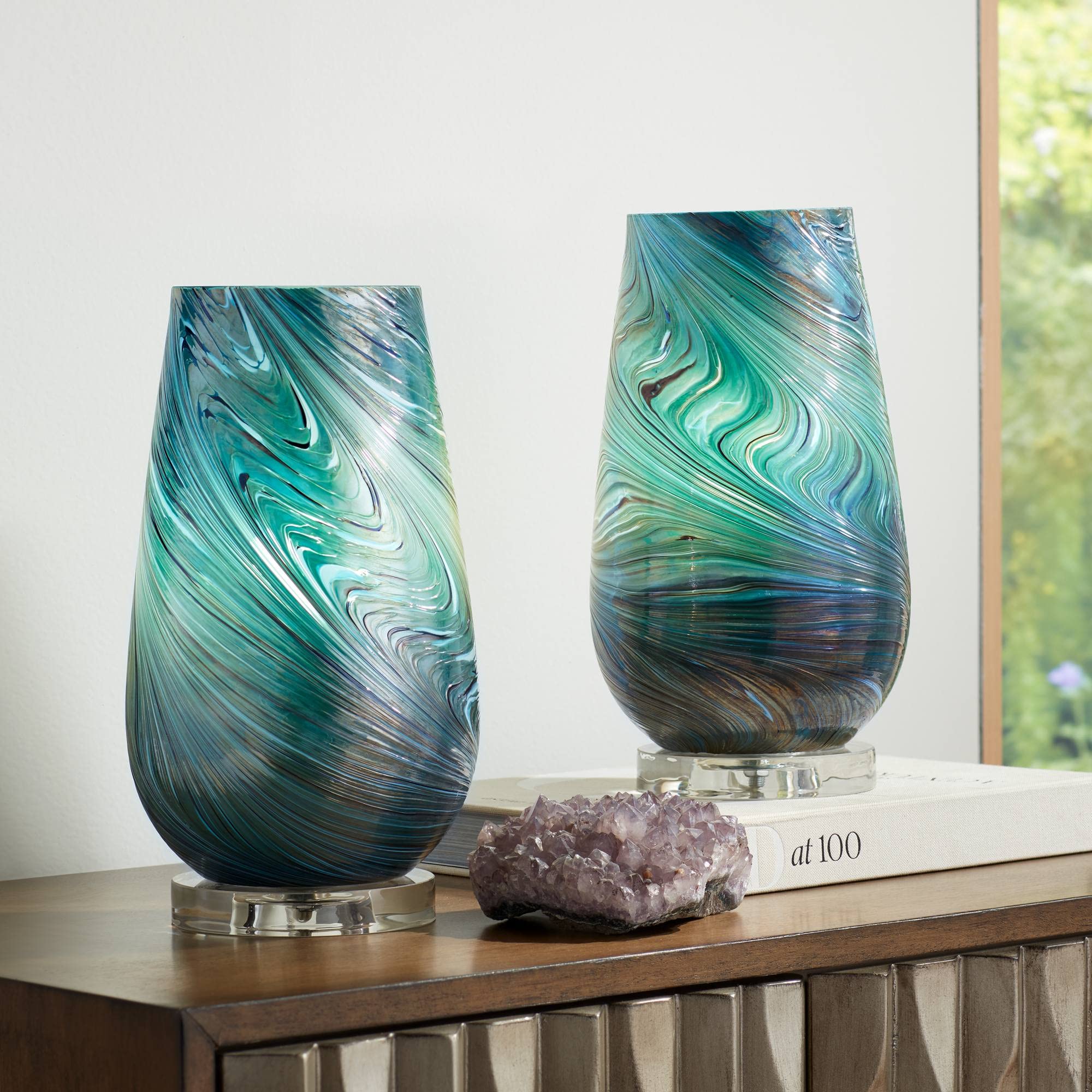 360 Lighting Carmen Modern Accent Table Lamps 12 1/2 High Set of 2 Green Clear Crystal Swirl Art Glass Shade for Bedroom Living 