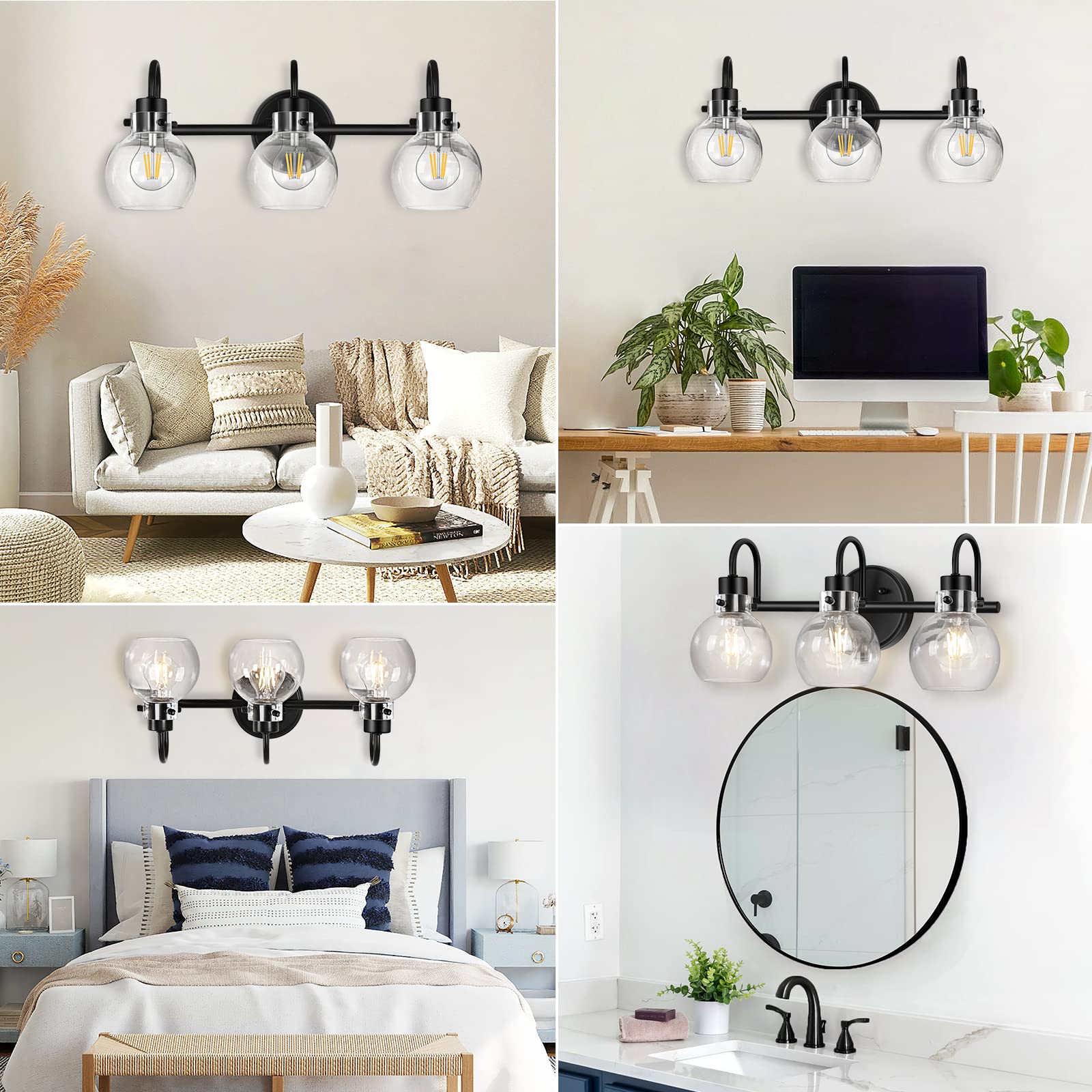 Apenath 3-Light Black Bathroom Vanity Light Fixtures with Globe Glass Shade, Metal, Model FL-3BRWL-01