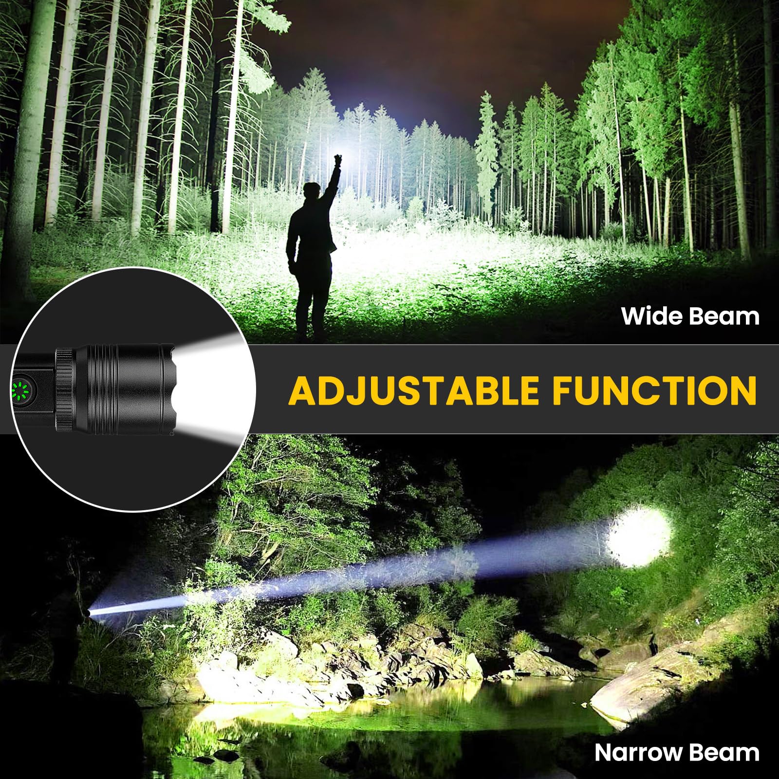 azamine Rechargeable Flashlight, 99000LM Super Bright, 6 Modes, Aluminum, Black, Model P19-COB