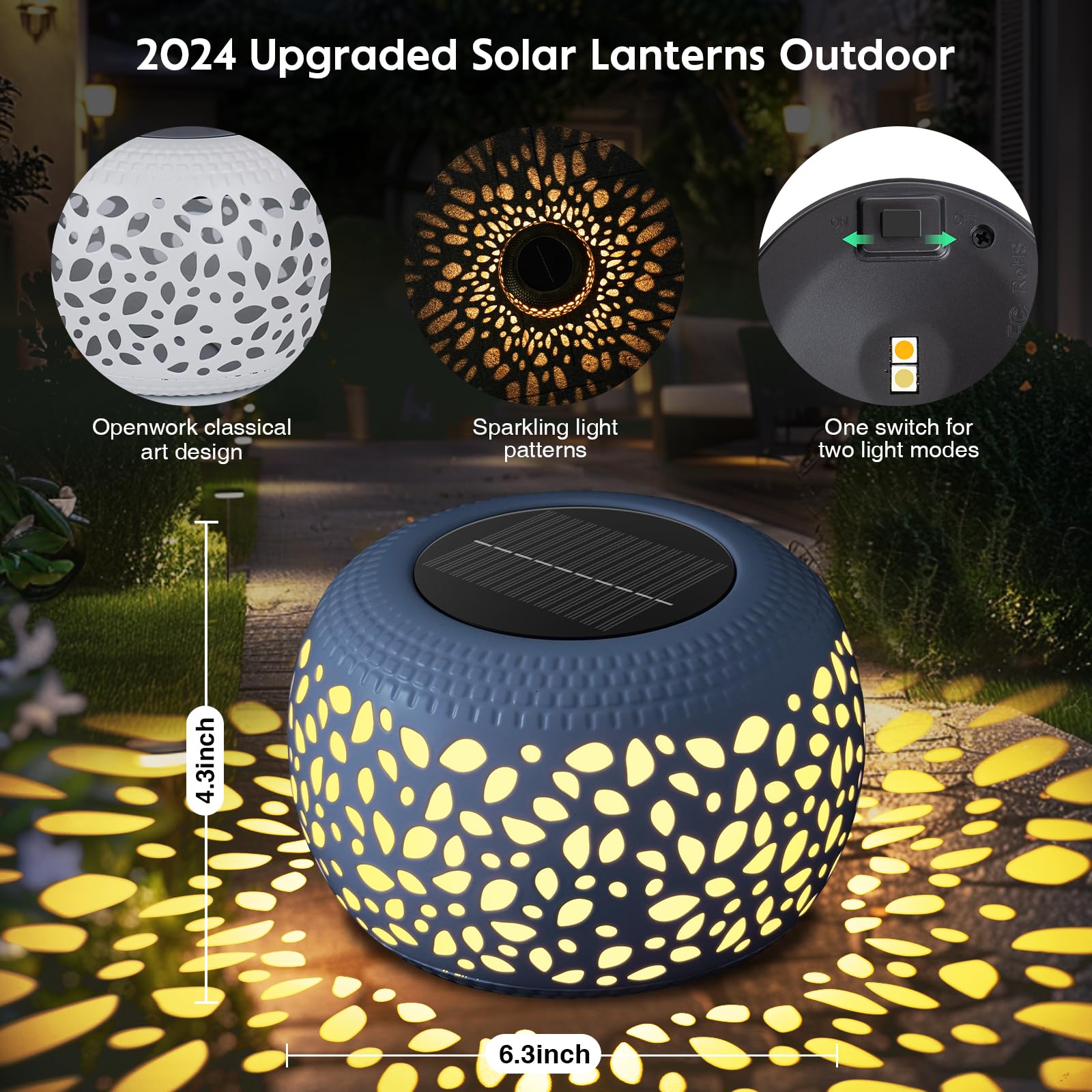 Solar Lantern Garden Patio Decor: 2 Pack White Solar Lanterns Outdoor Waterproof, Solar Lights Outdoor For Table Balcony Deck Pathway Porch Yard Decorations, Outside Hollow Out Metal Led Solar Lantern