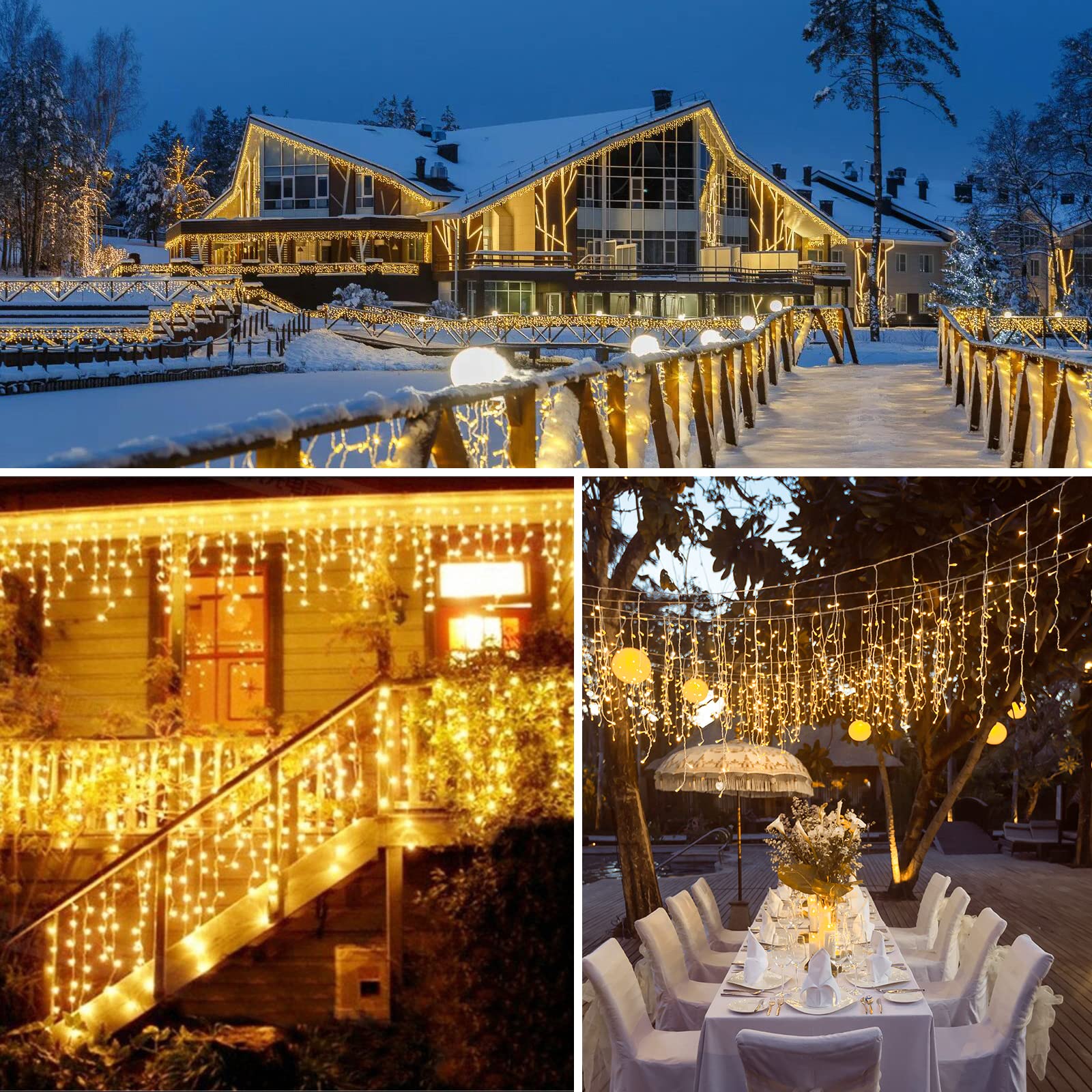 Brightown Icicle Lights Outdoor - 736 LED 66 FT, Warm White, 8 Modes, Waterproof, Remote & Timer, Model JT-EL/FC300V0300-D1