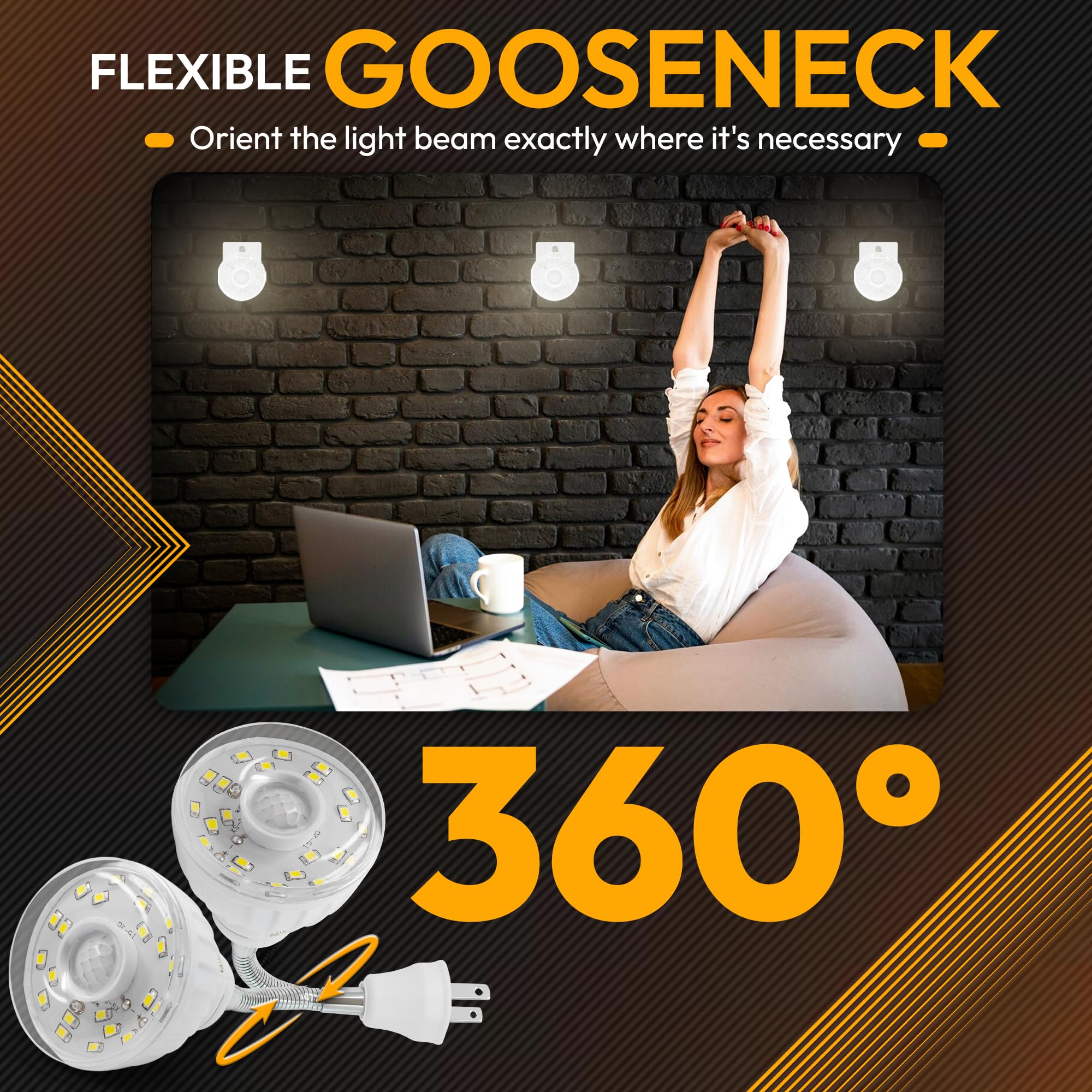 Shopn5 Led Motion-Activated Directional Rotating Flexible Sensor Dusk To Dawn Night Light Ac Outlet Plug-In Wall Stair Lamp Indoor 360° Bedroom Hallway Stairway Garage Basement Corridor