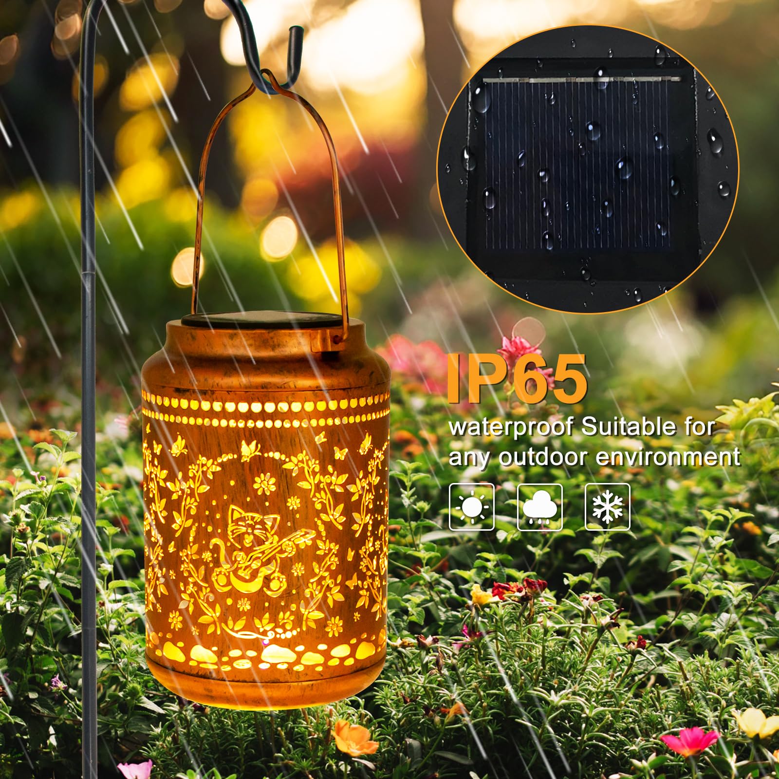 YISITEONE Cat Outdoor Solar Lanterns, Metal Hanging Lights, Waterproof, Brown, 4 Pack, Model ES04250500009