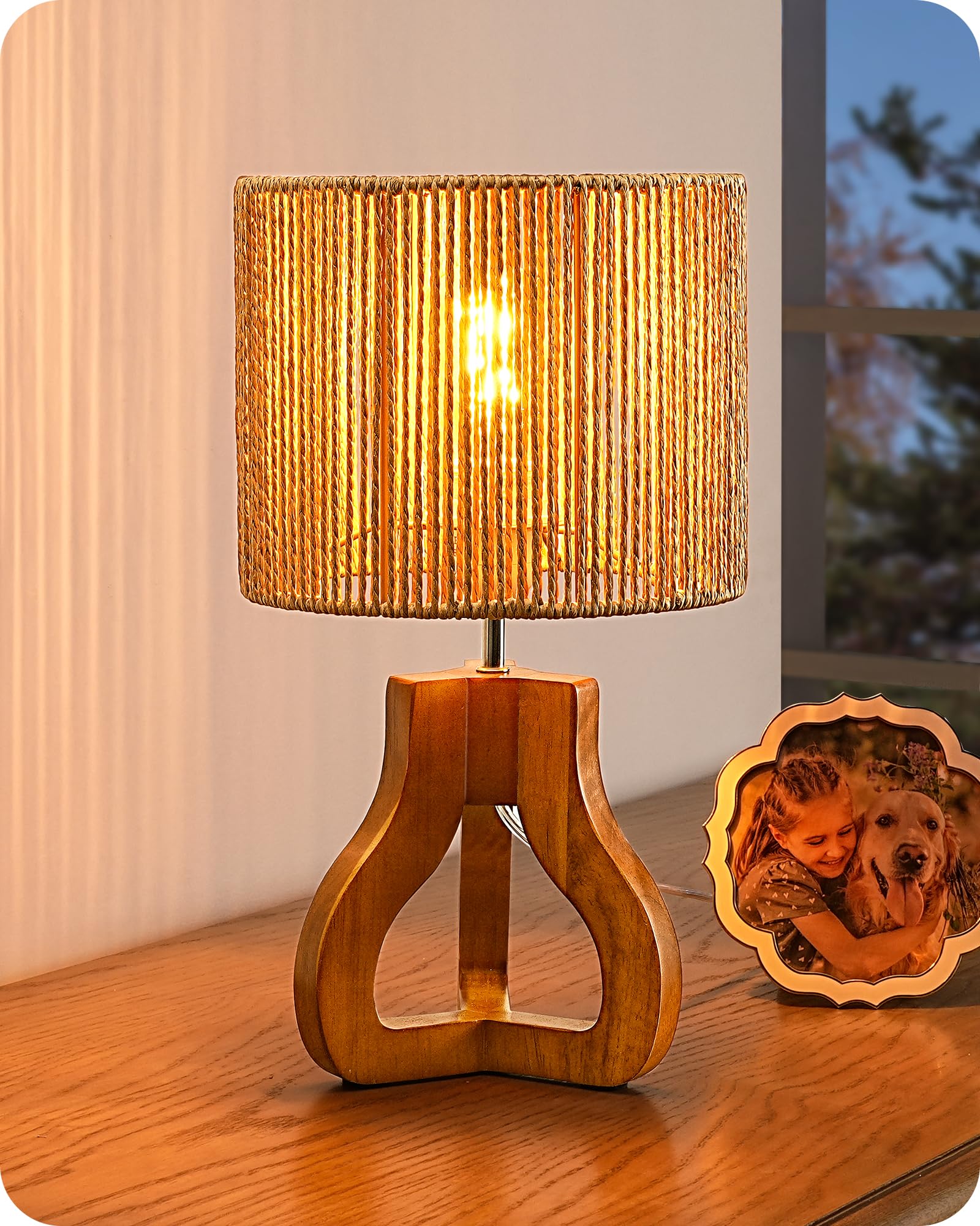 EDISHINE 14.6 Rattan Table Lamp, Rose Wood Tripod Nightstand Lamp, Handwoven Paper Rope Shade, Small Bedside Lamp for Bedroom Li