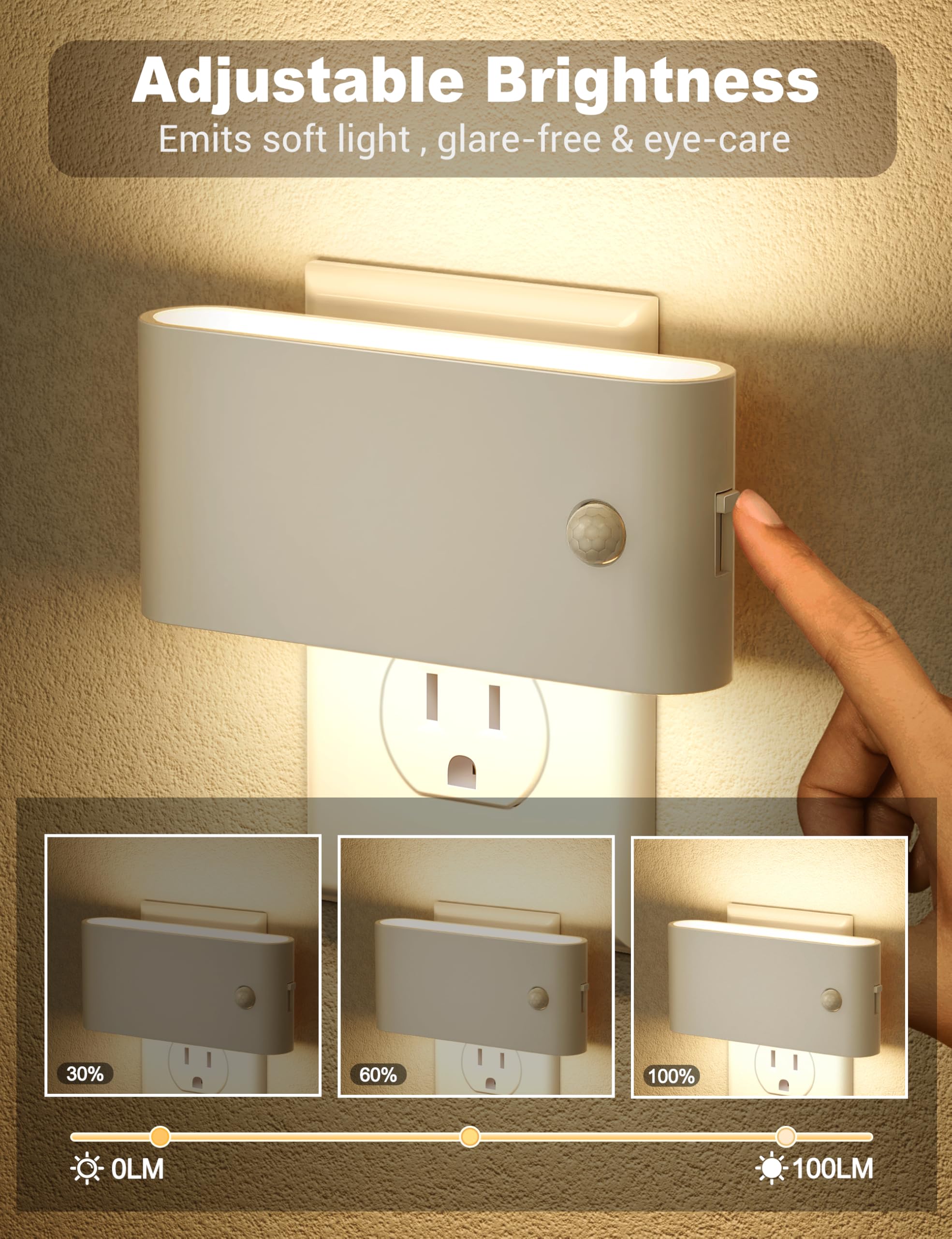 Jandcase Night Light Plug Into Wall,2 Pack Motion Senor Night Light, 0-100 Lm Dimmable Plug In Nightlight, Activated Motion Led