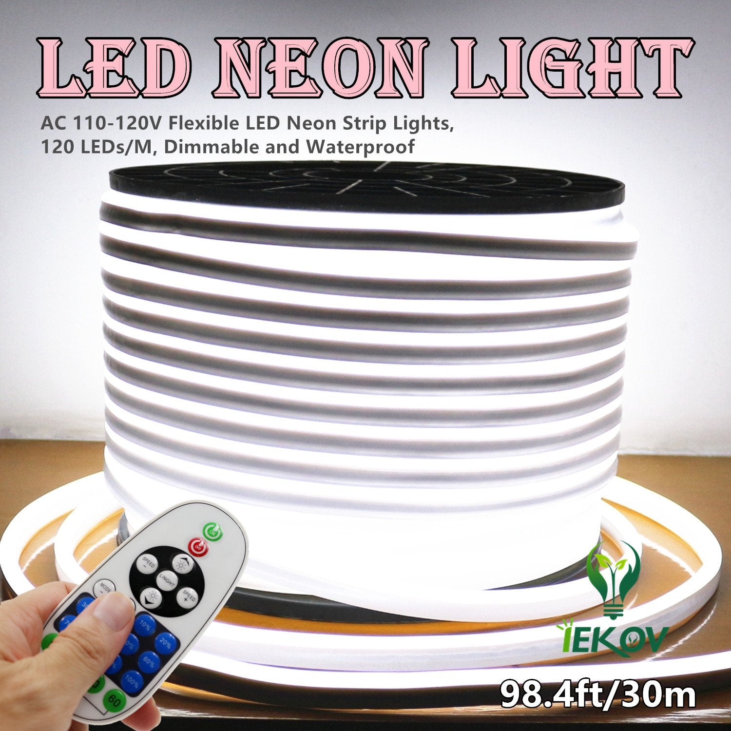 IEKOV LED Neon Light, Dimmable Waterproof 2835 SMD Rope Light, 30m/98.4ft, White, Model NEON LIGHT-W-30M