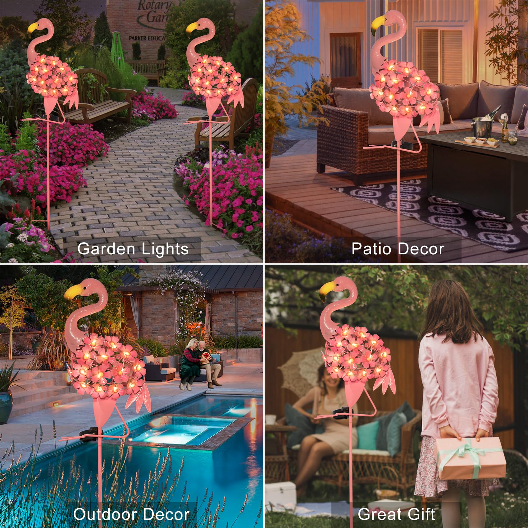 Homeimpro Garden Decor Solar Lights Flamingo Gifts For Women Yard Outdoor Decorations Stake Metal Lights, Waterproof Warm White