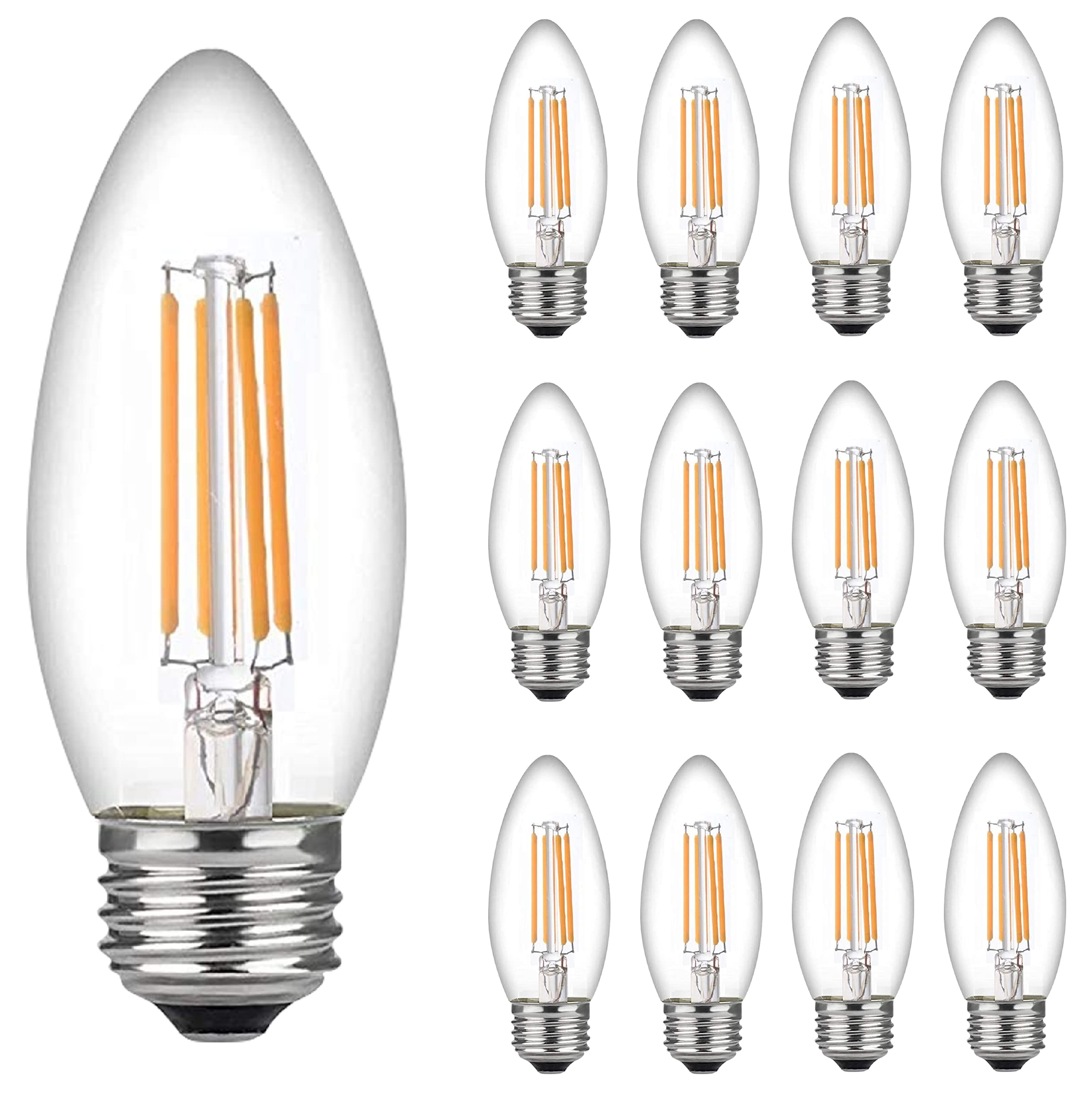 Bioluz LED 60W Candelabra Bulbs, Dimmable Filament, Soft White 3000K, E26 Base, 12-Pack