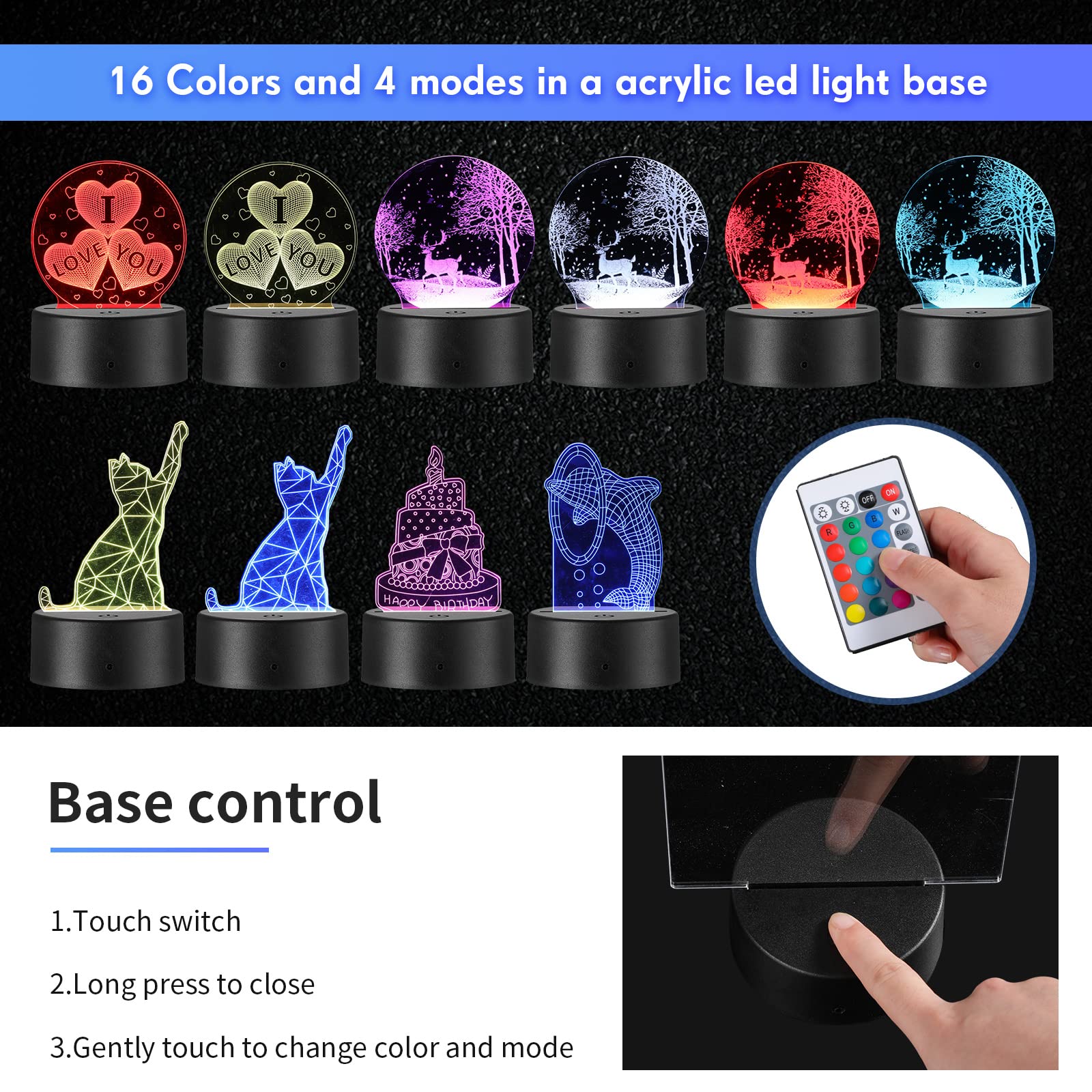 Riakrum Acrylic Lamp Base Set, 12 Clear Acrylic Sheets with 3D LED Light Base, Remote Control, USB Cable, for Restaurant Bar Cafe Decoration