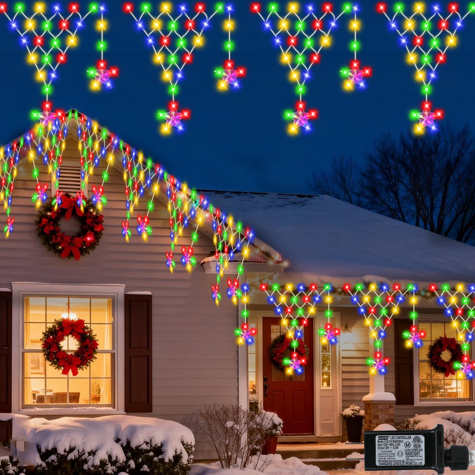 Miniao Christmas Lights Outdoor Decorations 218 Led 13.8Ft Curtain Fairy Lights With 12 Drops  Led String Light Decor With 8 Modes For Party Holiday Christmas Home Indoor Outdoor Decor Star Multicolor