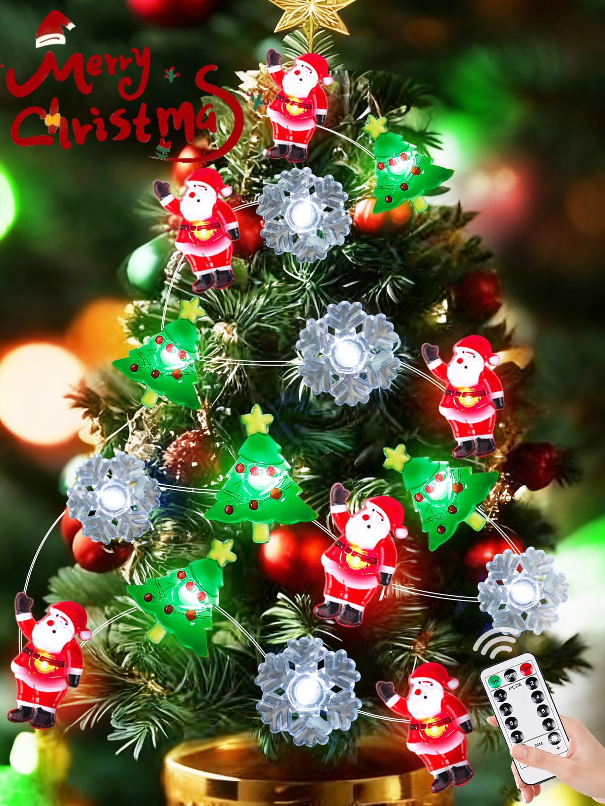 Christmas String Lights Decoration, 10ft 30LED Christmas Tree Santa Snowflake Fairy Lights Battery Operated with Remote, 8 Modes