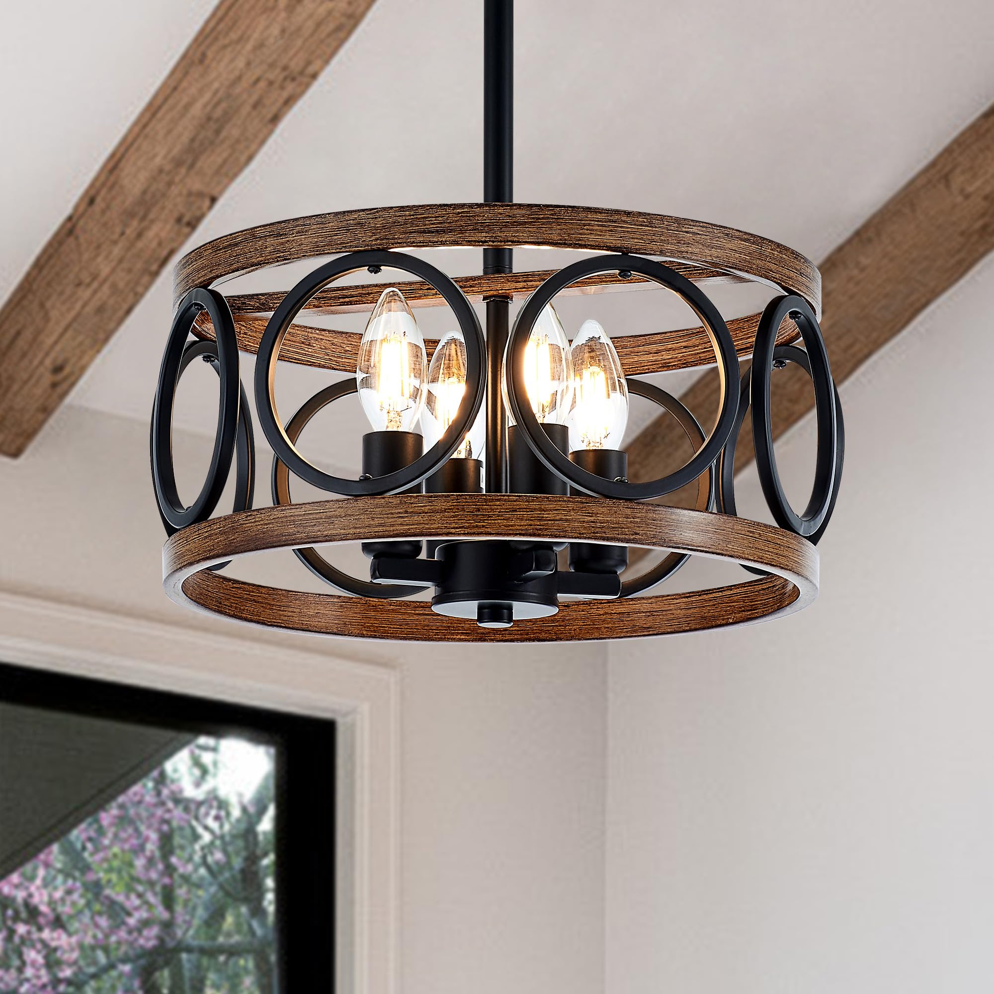 Faibra 4-Light Farmhouse Drum Pendant Light,12.6'' Nature Wood Texture Vintage Rustic Chandeliers Black Metal Industrial Hanging