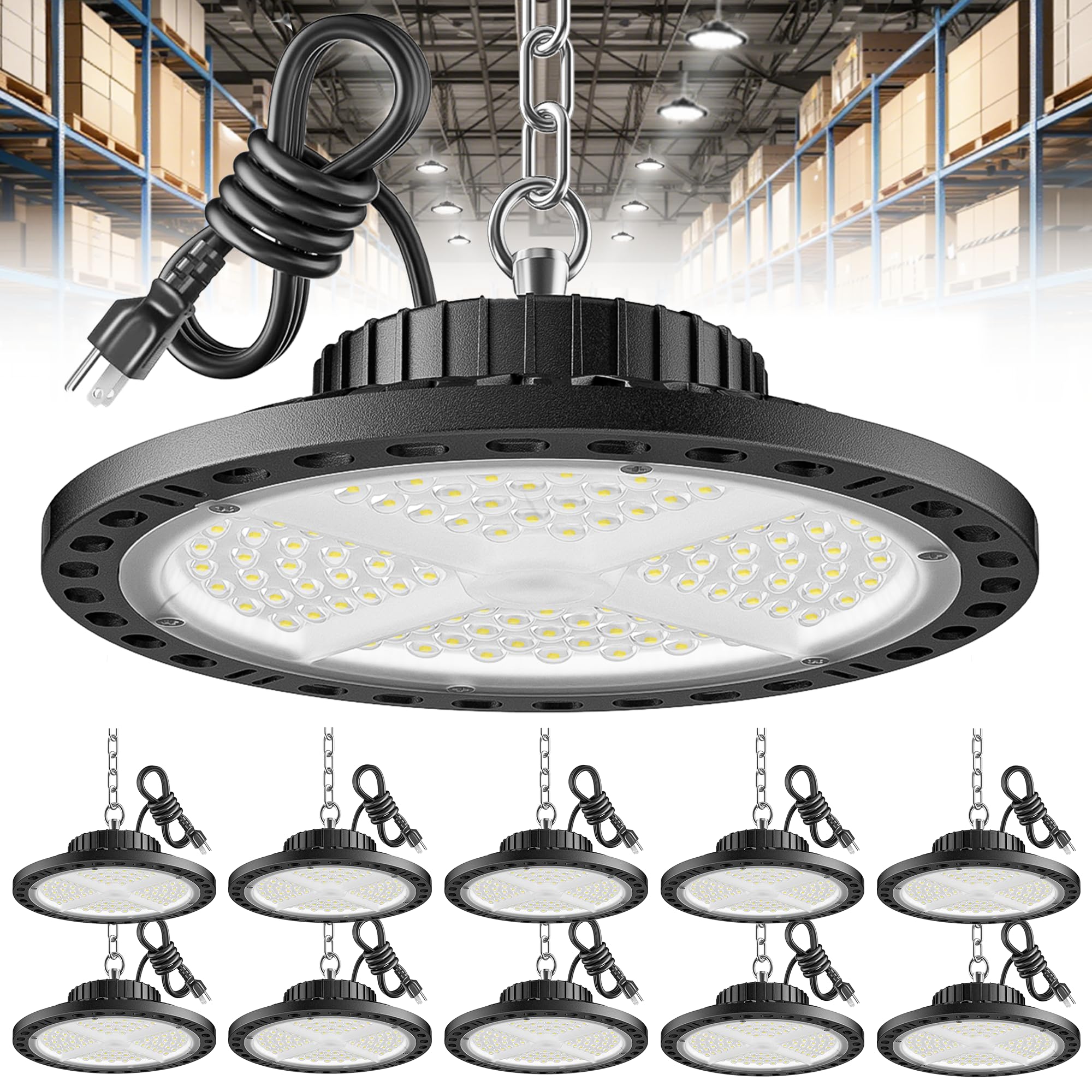 ISKYDRAW UFO LED High Bay Light 100W, 10 Pack Shop Lights for Warehouse with Plug, 15000LM 6500K Daylight IP65 Waterproof Commer