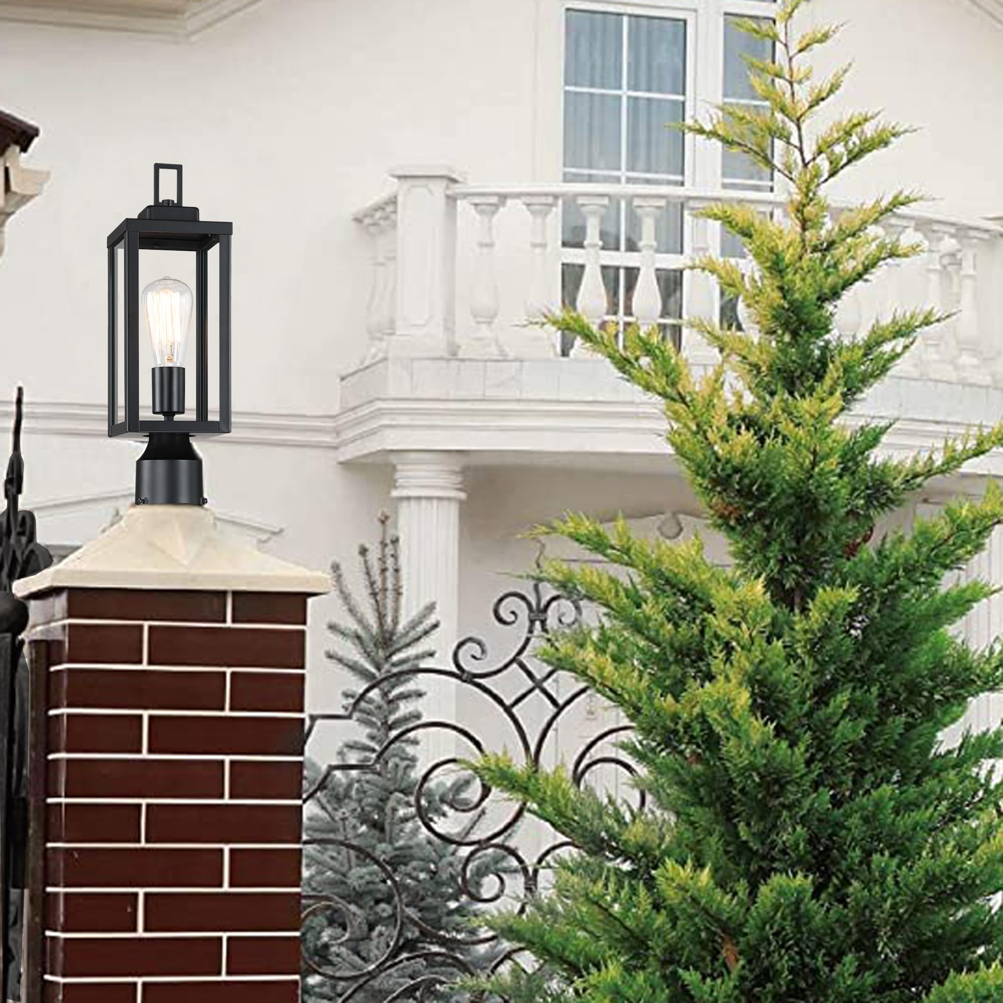 Wisbeam Outdoor Post Light, Black Metal Lantern, E26 Base, 16.5&quot; Glass, Etl Qualified
