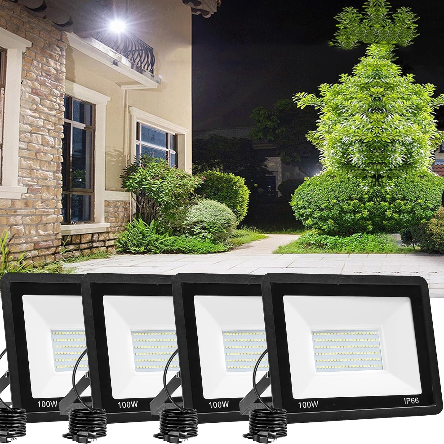 4 Pack 100W LED Flood Light Outdoor,10000LM Bright Work Spotlight Plug in,6000K Daylight White,IP66 Waterproof Exterior Security