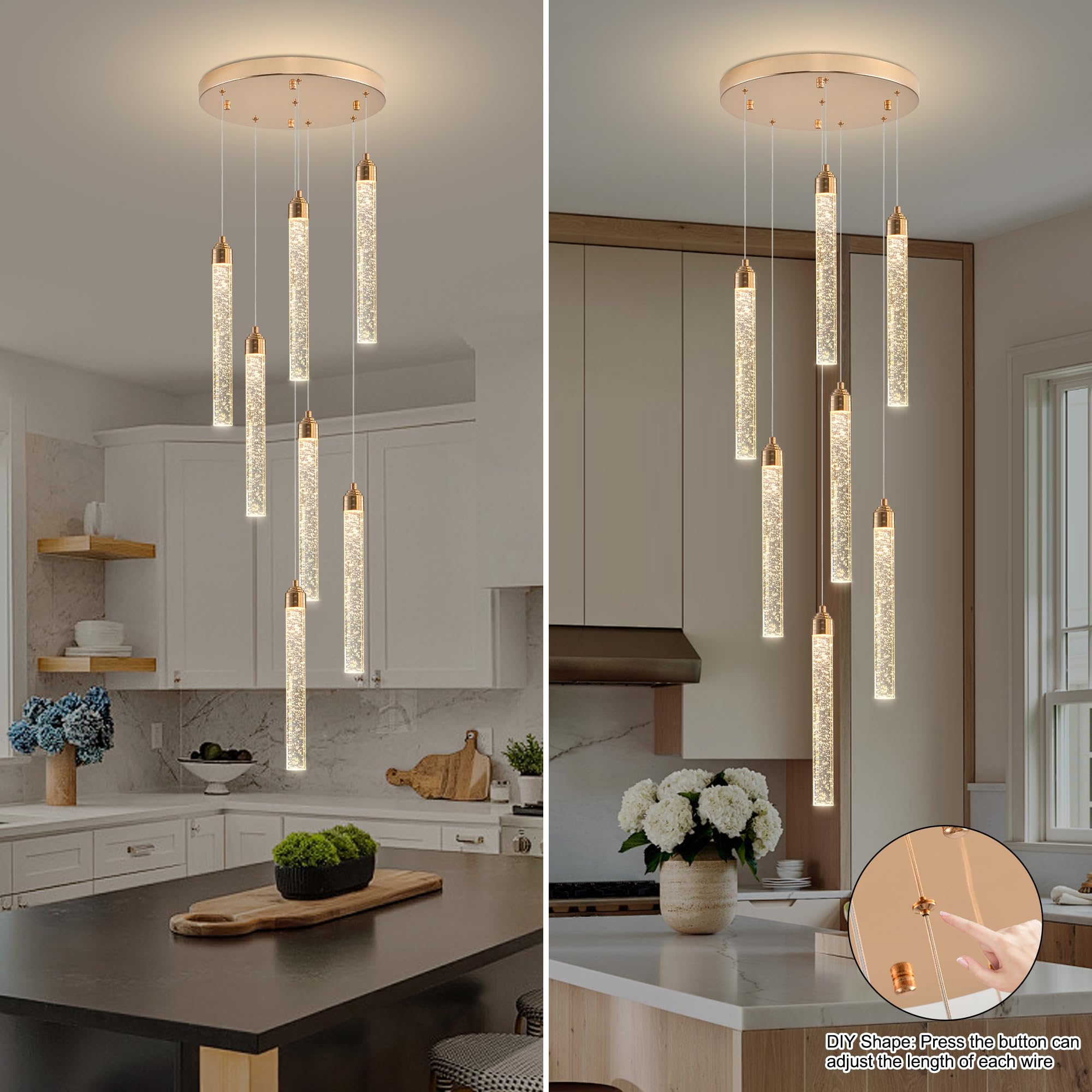 YwueChwu 7-Light High Ceiling Crystal Staircase Chandelier Gold, Modern Spiral Raindrop Dimmable LED Bubble Cluster Ceiling Hang