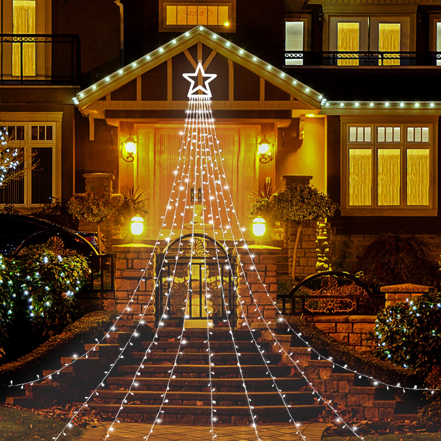 FUNIAO Christmas Star String Lights - 320 LED Outdoor Decor, 12" Lighted Star, White, Model YLS1000WD01