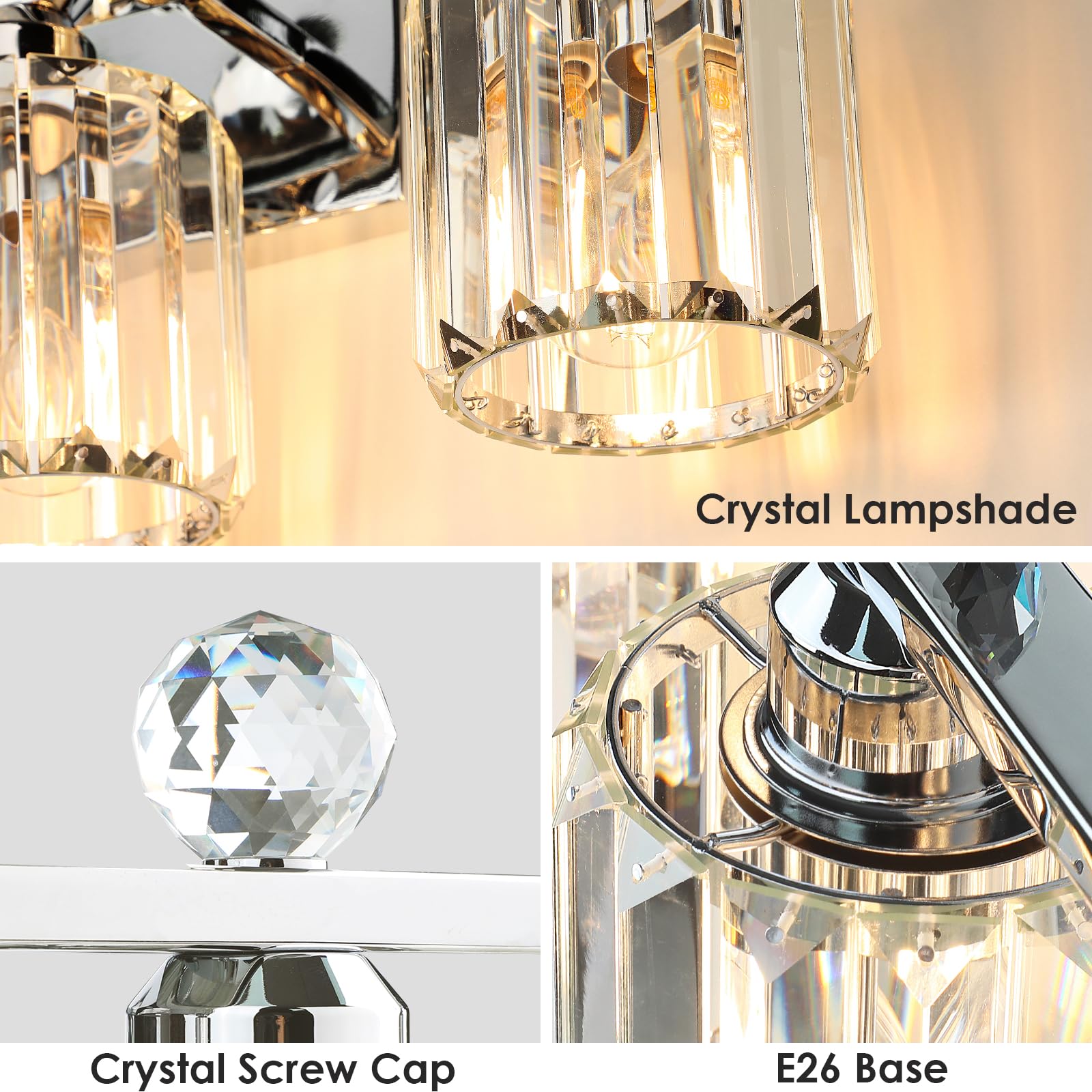 Kunruitai Crystal Bathroom Lighting Fixtures Over Mirror, 3 Light Chrome Brushed Nickel Vanity Light, Modern Bath Wall Sconce Li