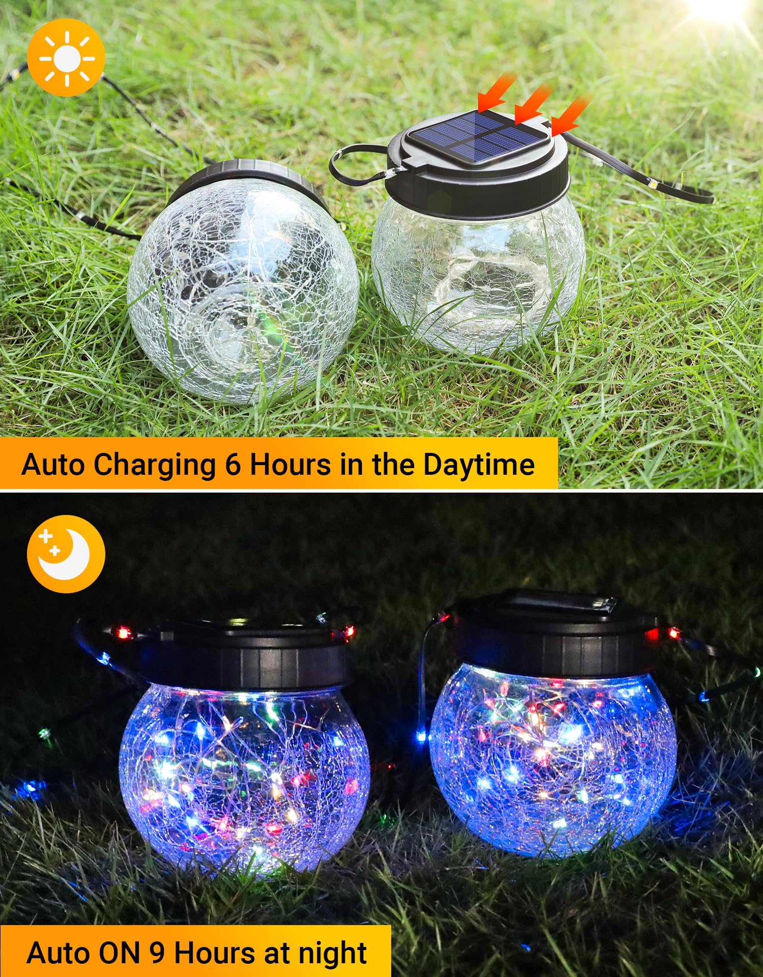 Partphoner Solar Lantern Solar Lights Outdoor Waterproof 6-Pack, Solar Powered Hanging Lights Cracked Glass Hanging Globes For C