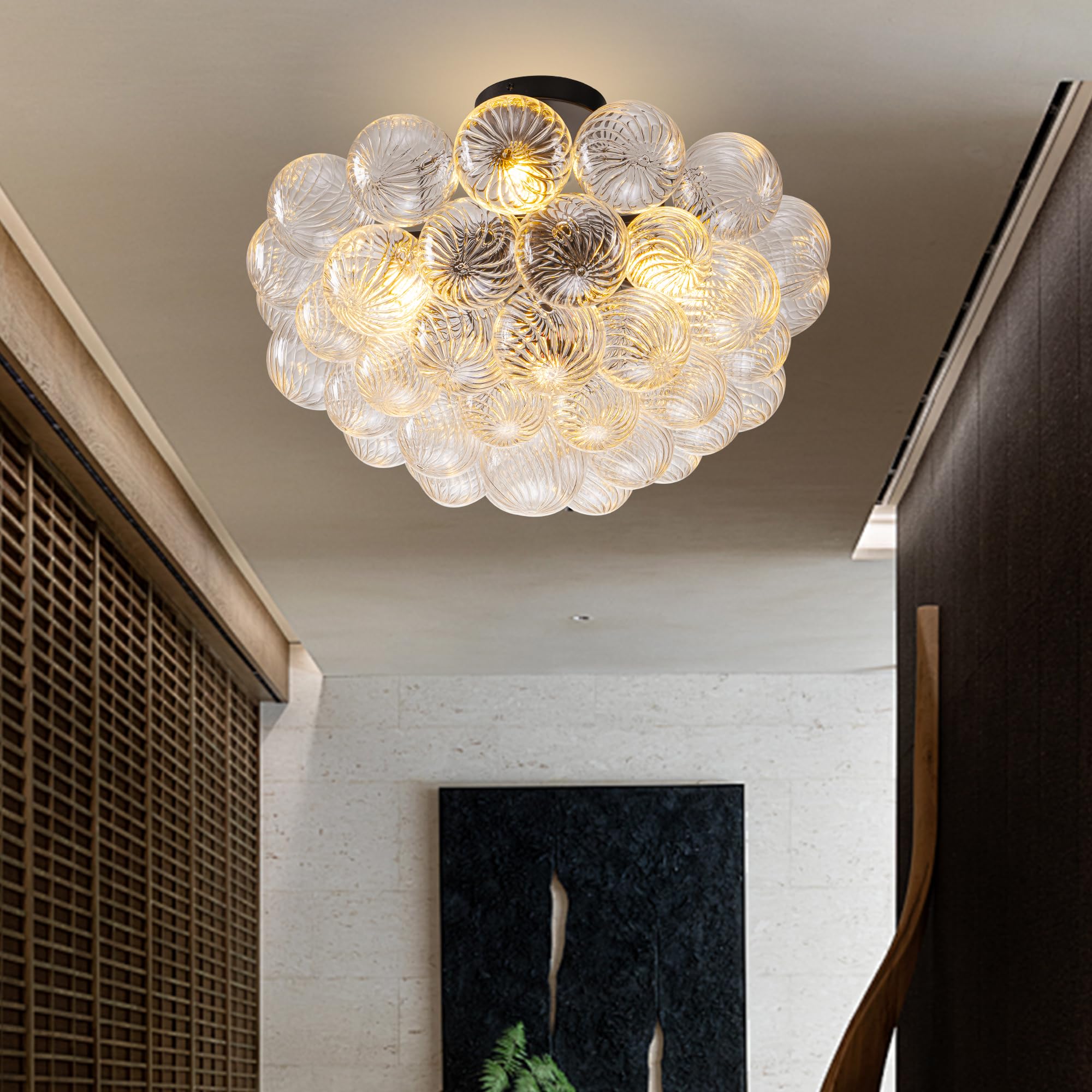 Beypan Clear Glass Bubble Chandelier With Industrial Black Frame Ribbed Blown Glass Globe Chandeliers Semi-Flush Mount Ceiling L