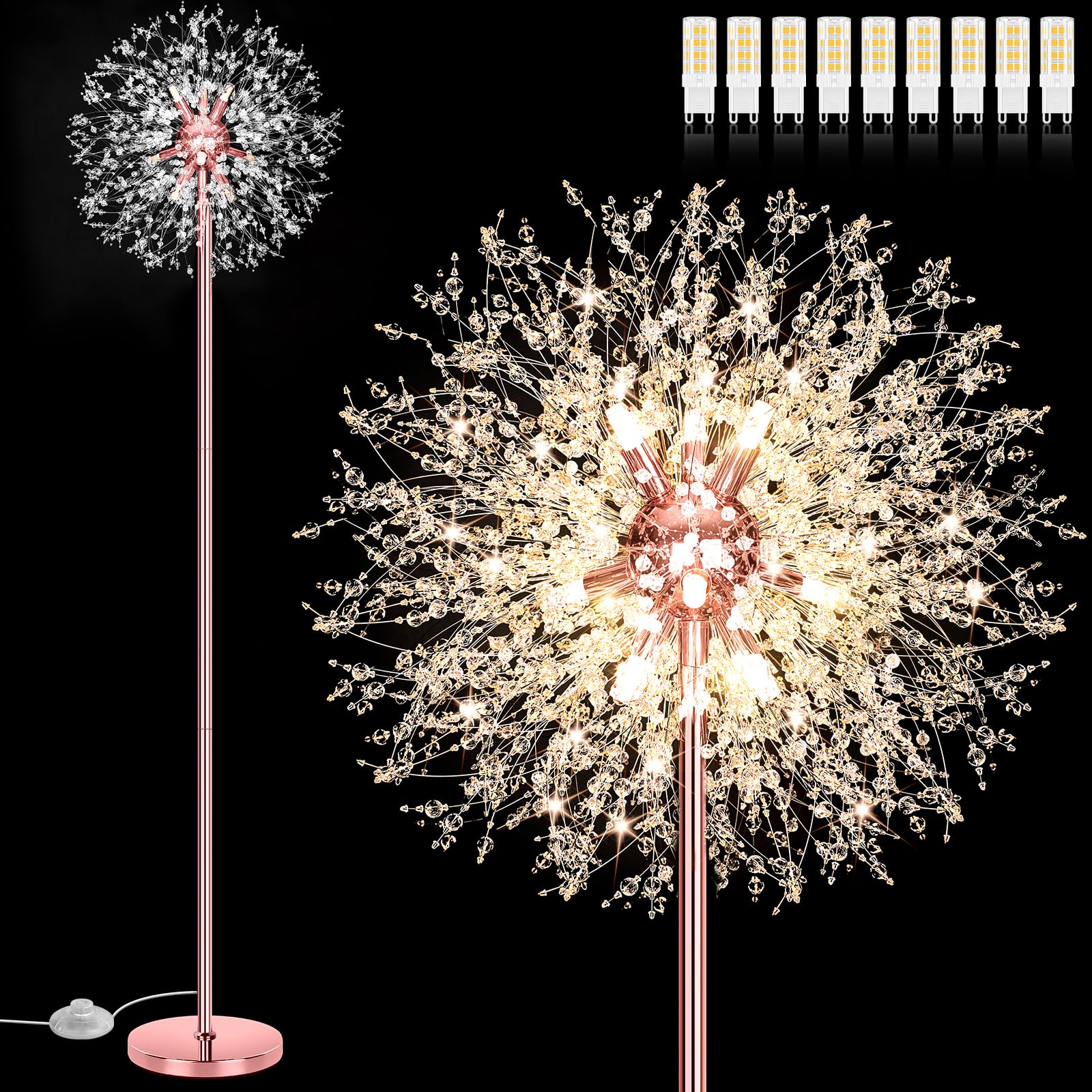 Beslowe 69 Crystal Floor Lamp For Living Room  Modern Standing Lamp With 738Pcs K9 Crystals  Tall Lamp Pole Light For Bedroom Office  Mid Century Floor Lighting With 9 Led Bulbs  Rose Gold