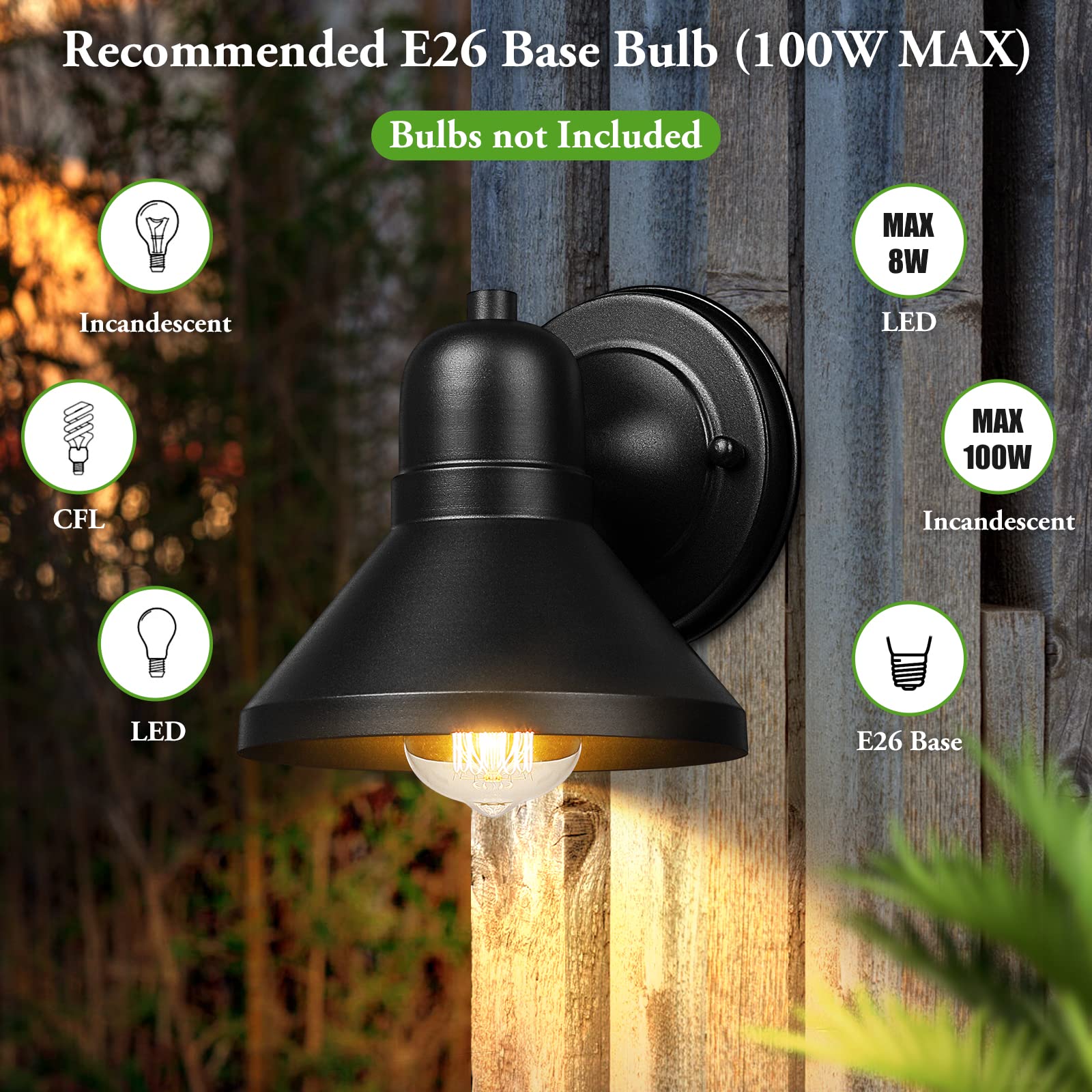 Brightever Outdoor Lanterns, 2-Pack Waterproof Black Wall Mount Lights, E26 Socket, Modern Design