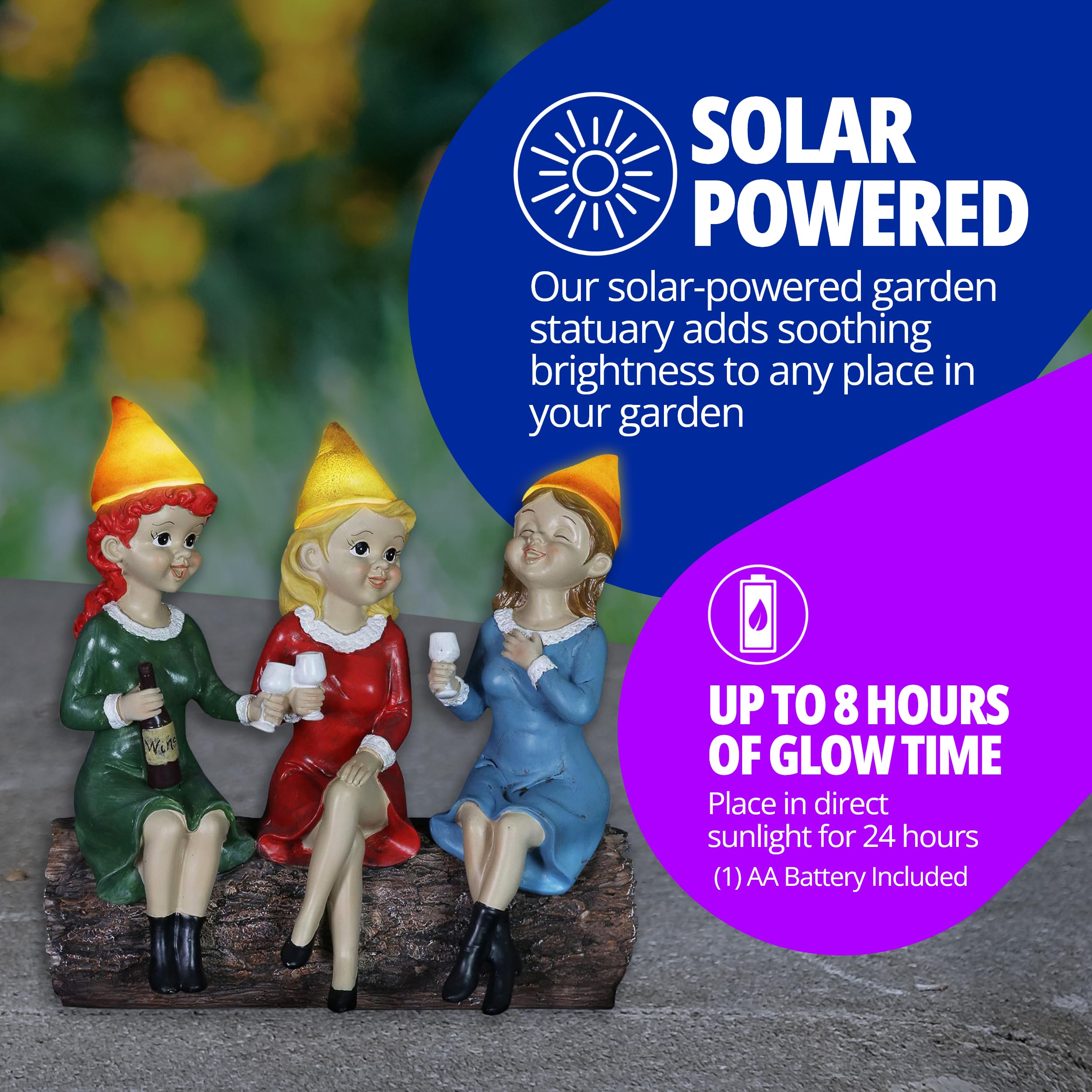 Exhart Garden Gnomes, Girl'S Night Wine Drinking Solar Garden Gnome Statue, Led Hats, Outdoor Lawn And Yard Decoration, 5.5 X 10