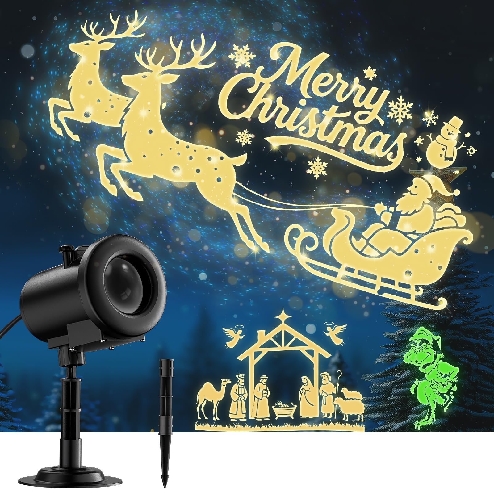 12 in 1 Christmas Projector Lights Outdoor,3D Dynamic Christmas Decorations,Clearer Santa Sleigh/Nativity/Green Monster/Ghost HD