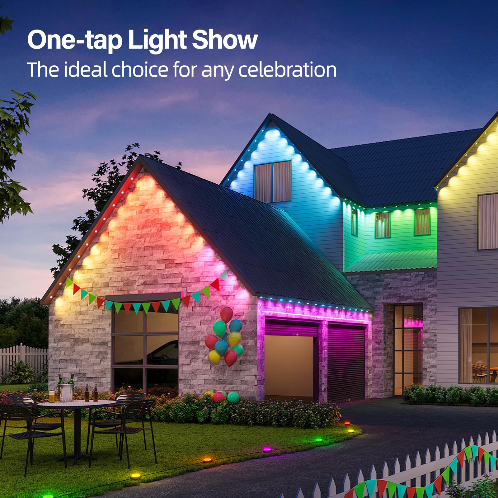 AHAWILL Outdoor RGB String Lights, IP67 Waterproof, 100ft, Smart Control, White, Model HCP045 for Halloween & Christmas Decor