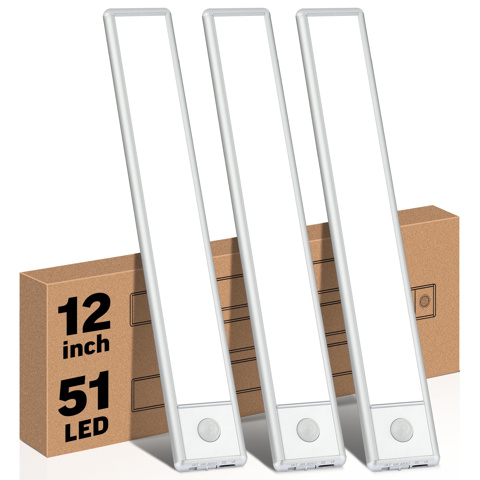 YLXS 51-LED Motion Sensor Under Cabinet Light, 12-inch Magnetic Rechargeable Under Counter Closet Lights, Wireless Night Light B