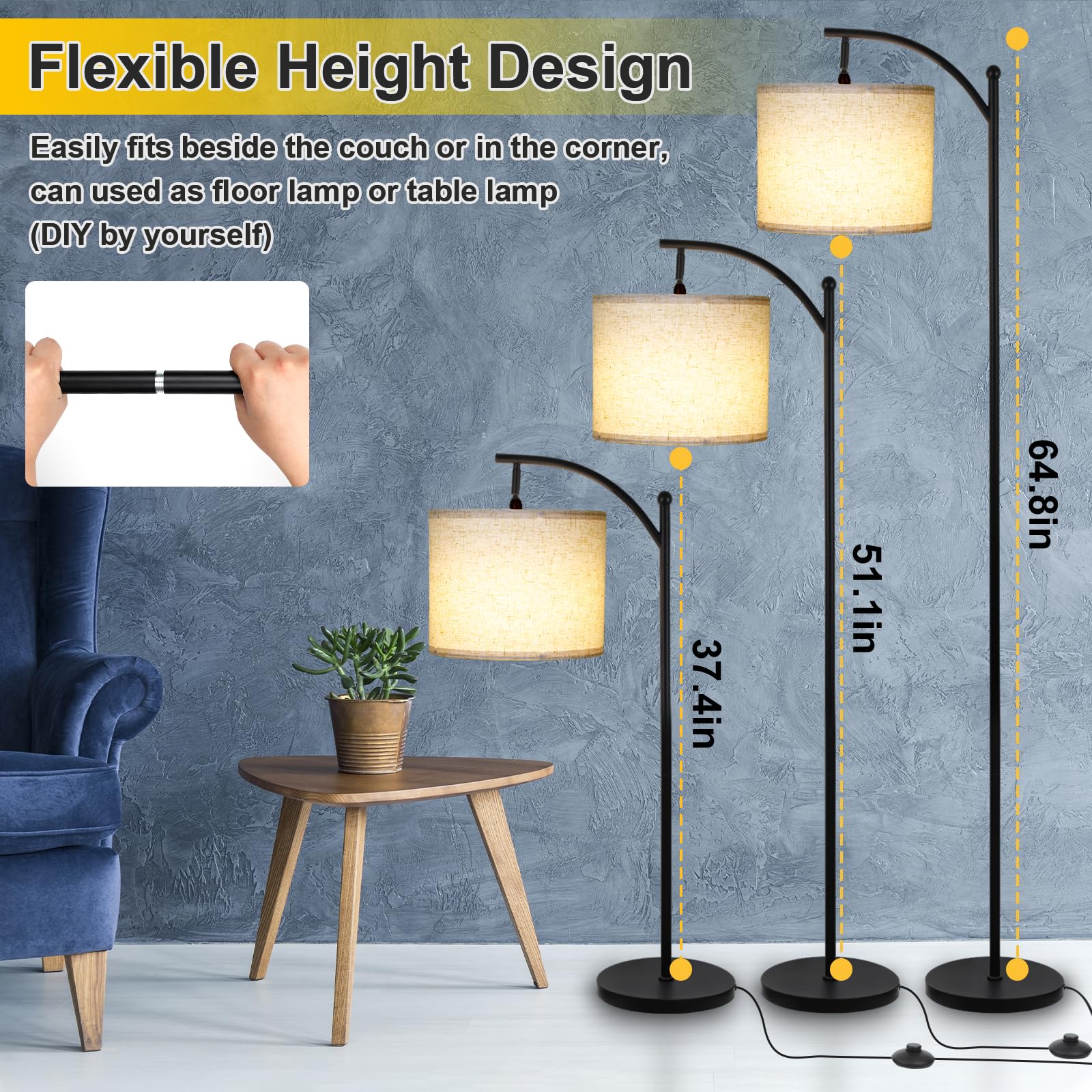 Lalisu Modern Floor Lamp, 3-Ways Dimmable Standing Lamp With Linen Shade, Adjustable Height, Foot-Step Switch, Reading Lamp For