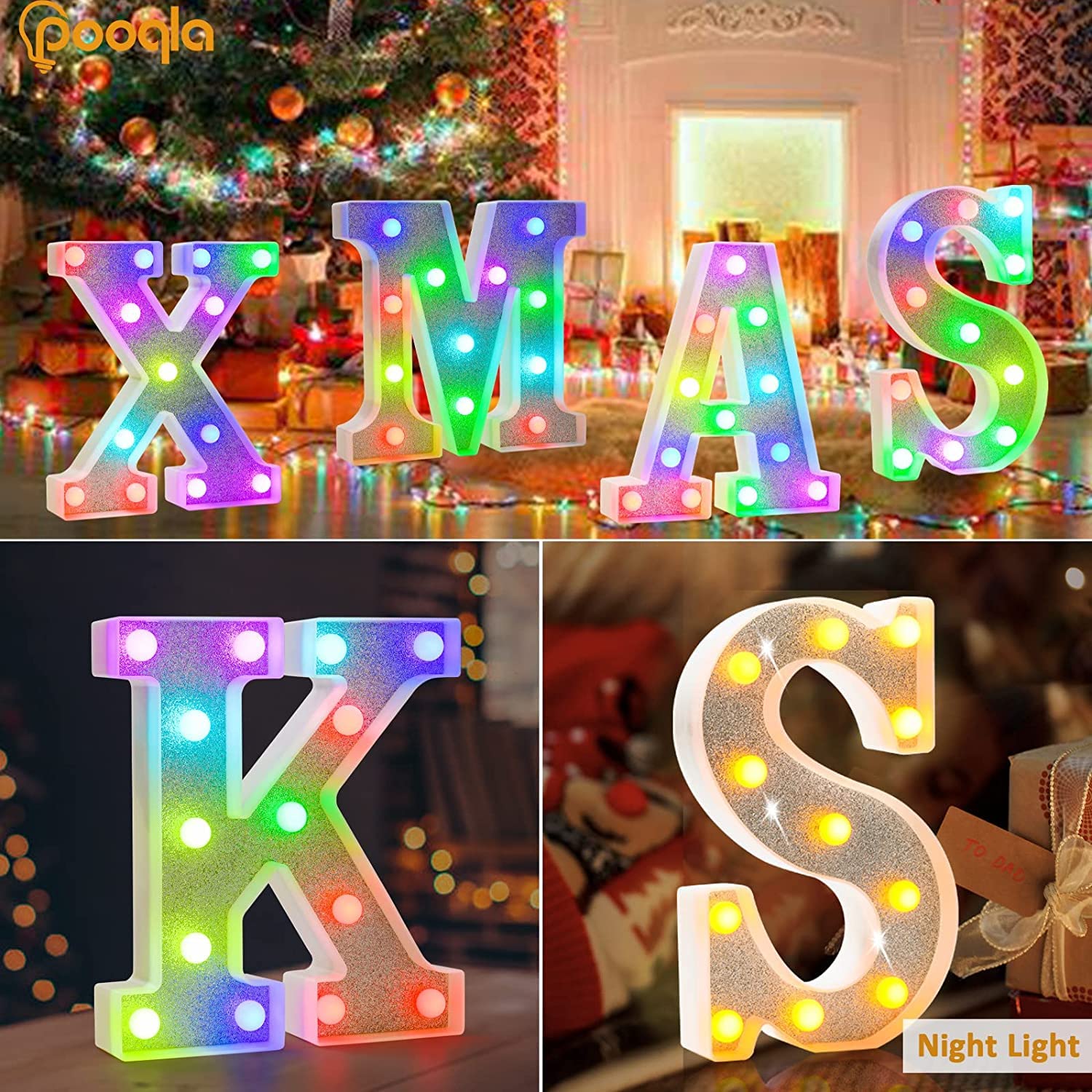 Pooqla LED Letter Lights Marquee Sign, 18 Colors with Remote, Glitter Silver V