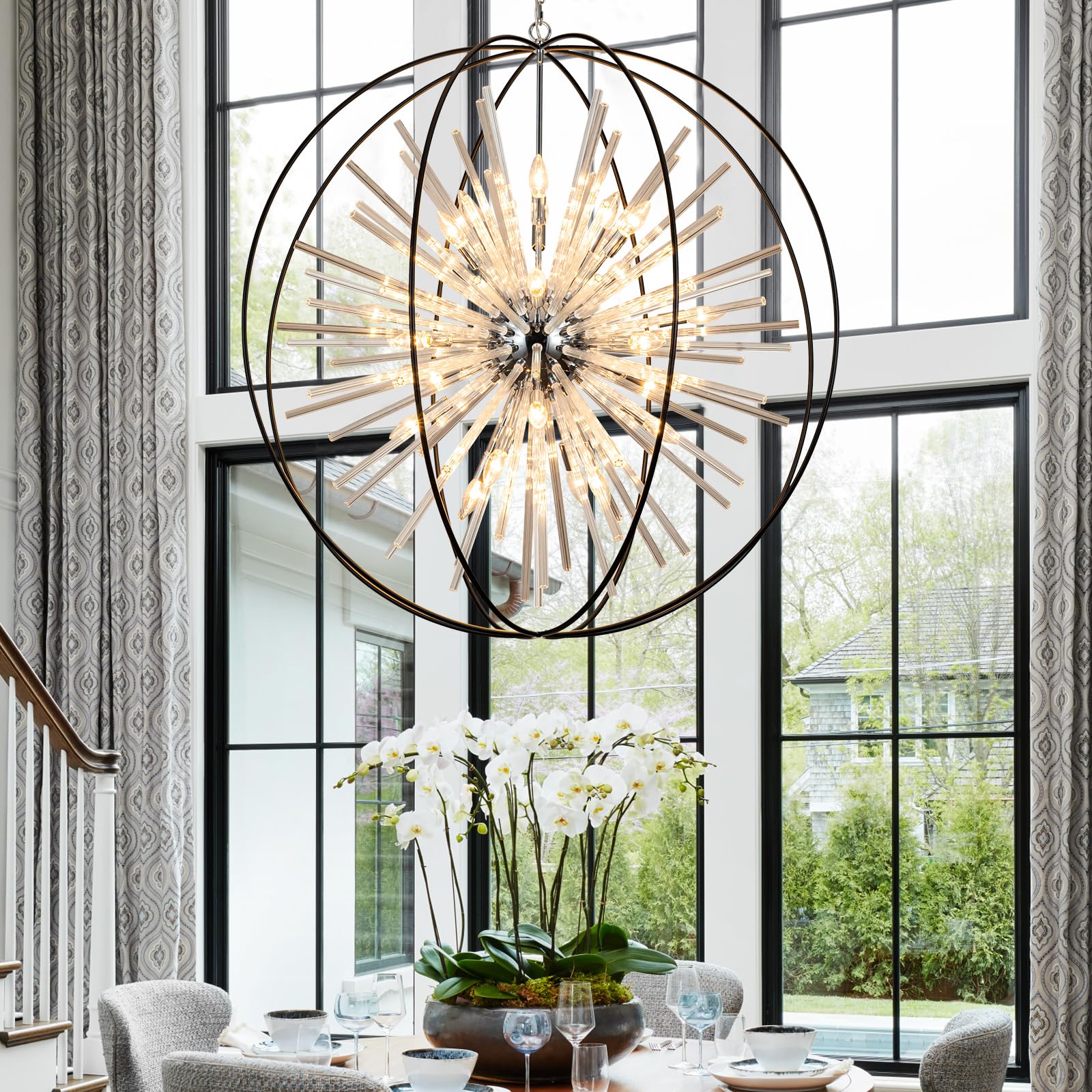 Vezzio D42 Extra Large Crystal Sputnik Chandelier, 24 Light, Black & Chrome, Ideal for High Ceilings in Entryway, Foyer, Dining, Living Room