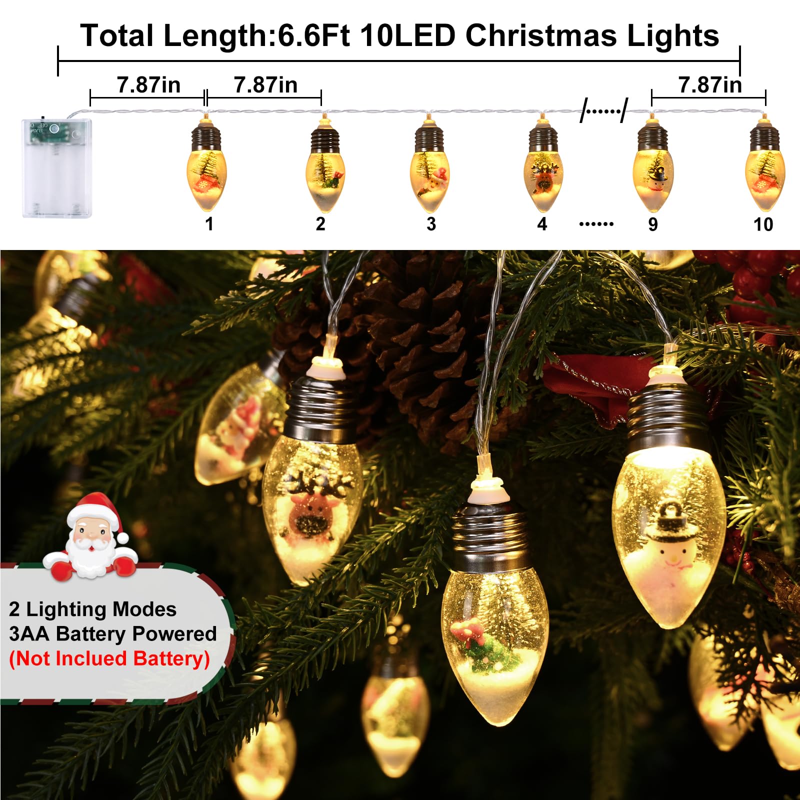 WENMER Christmas Snow Globe String Lights, 40 LED, 26.4FT, Warm White with Ornaments, Model ISL002-2-4