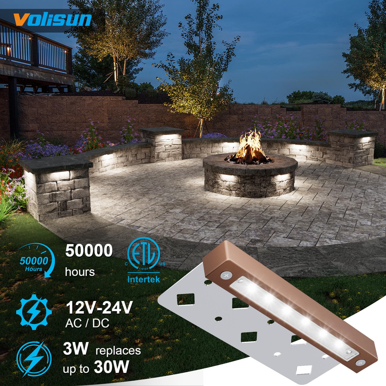 VOLISUN 12 Pack 7" Waterproof LED Hardscape Lights, 12V Paver Step Lights, 5000K Daylight, Aluminum, Model JXL-ST0703
