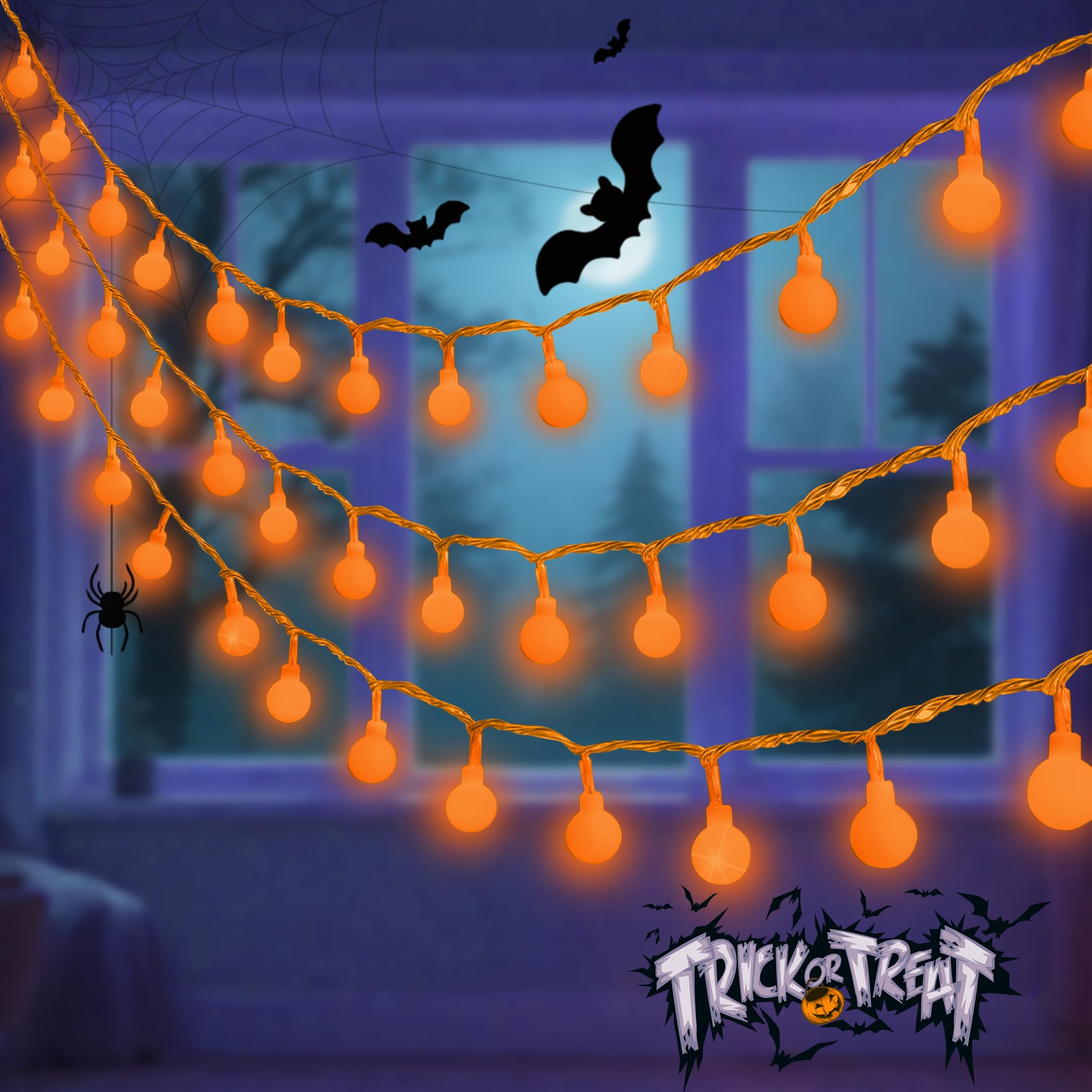 LORRYTE Connectable Globe String Lights - 100 LED, 43FT, Orange, Waterproof, 13 Modes, Halloween Decor, Model GP-SW290DC0209-IP44