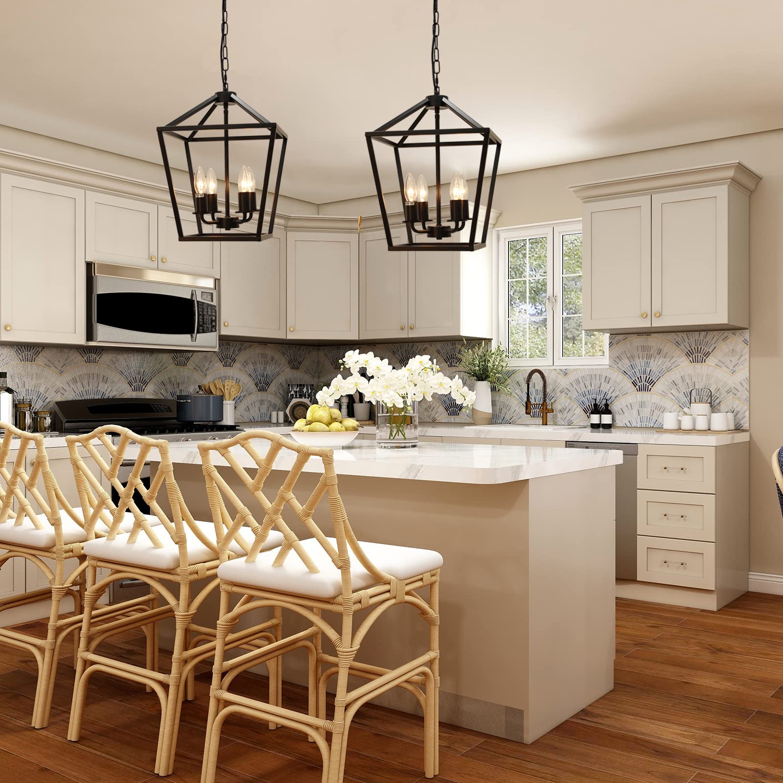 Telafly 4-Light Lantern Pendant Light,Modern Industrial Black Cage Farmhouse Chandelier For Kitchen Island,12'' Rustic Metal Han