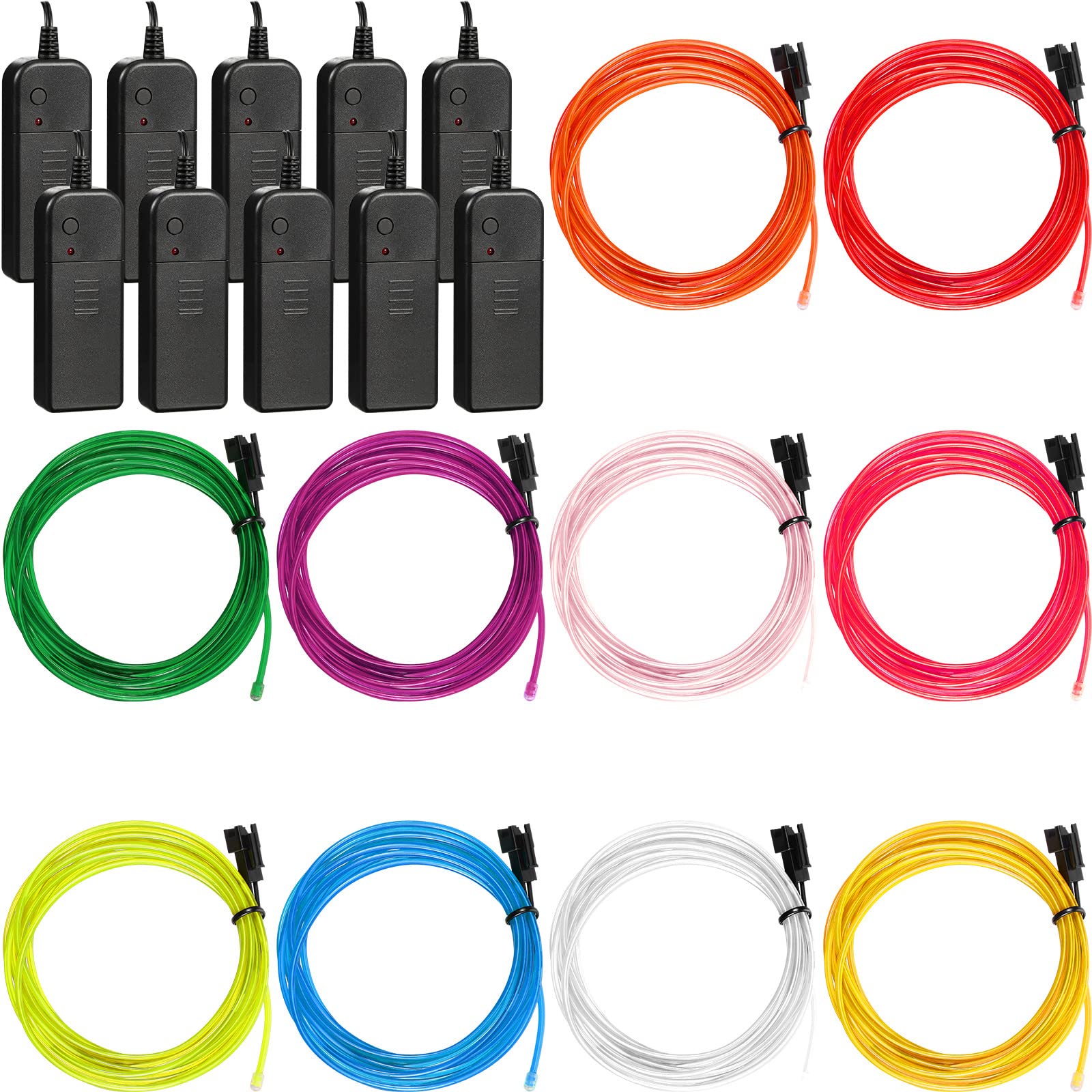 Hortsun 10ft EL Wire Neon Lights - Battery Powered, 15 Pack, Multi-Color (Red, Purple, White, Blue, Green, Yellow, Orange) - Model WA-Horts