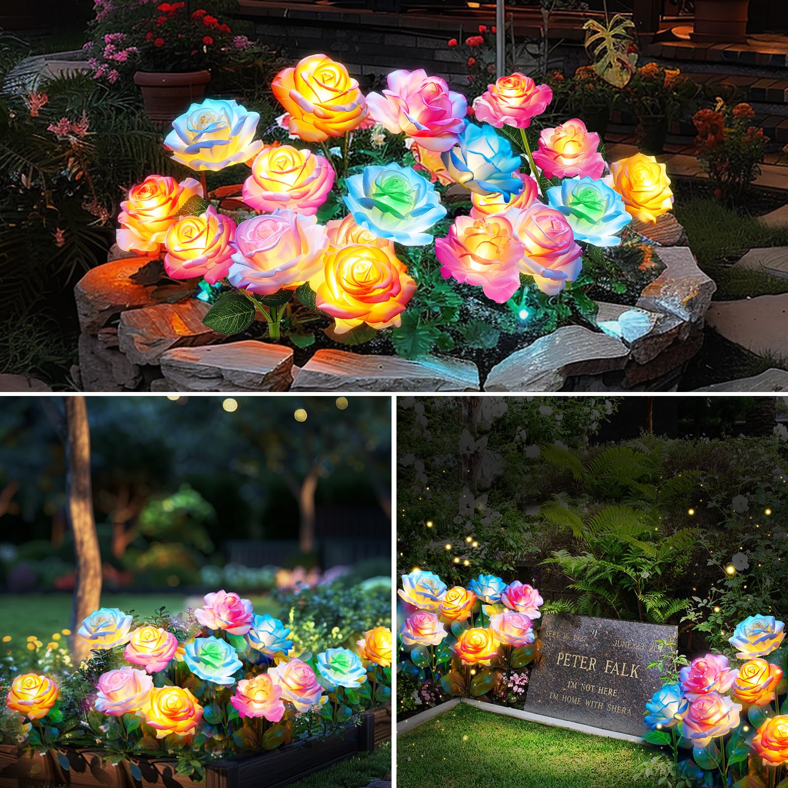 Solar Garden Lights, 6 Pack Solar Flowers Outdoor Waterproof With Rose, Garden Lights Solar Powered Waterproof, Solar Flower Lig