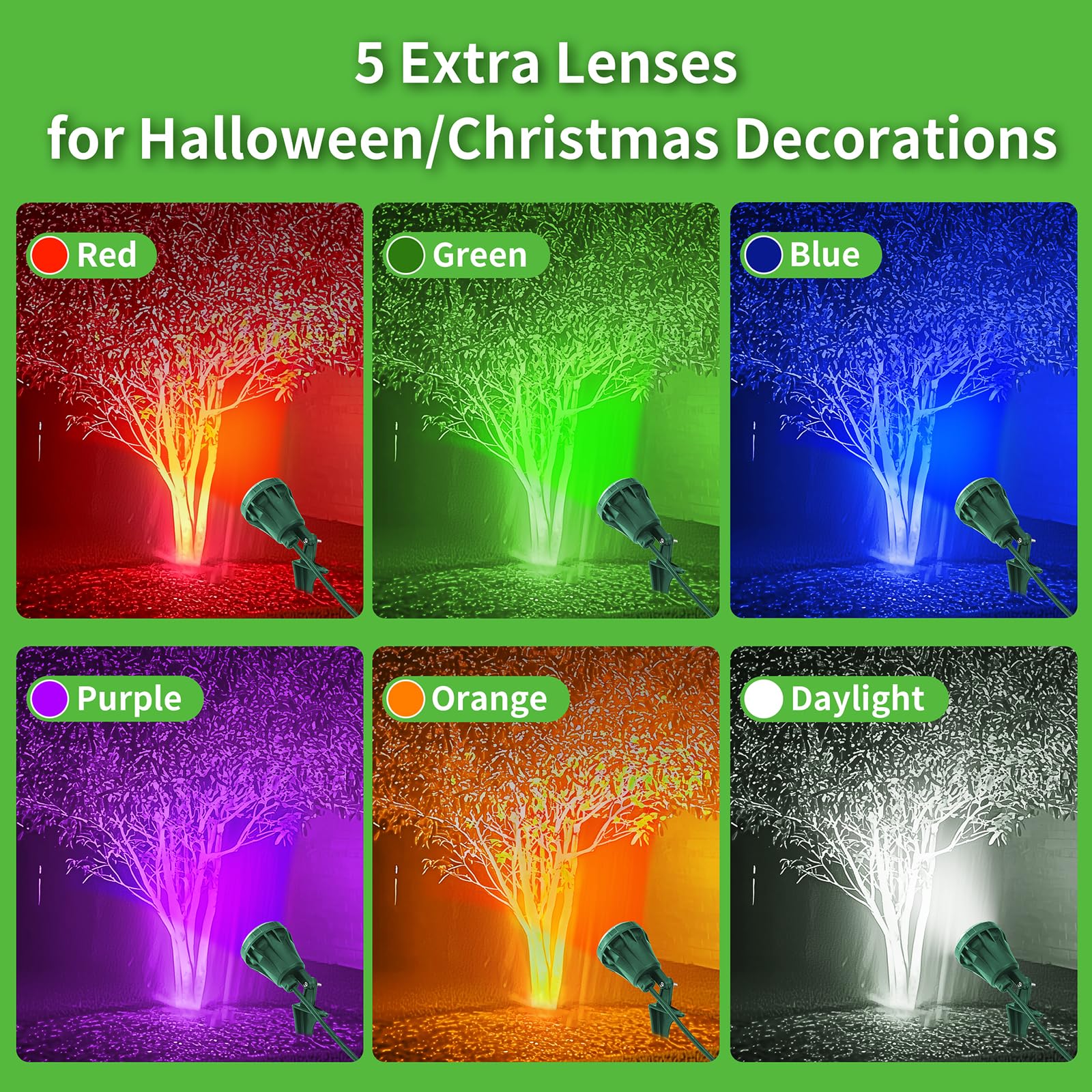 Led Christmas Spotlight Outdoor Plug In, 800Lm Waterproof Flood Lights With 5 Extra Lenses (Red Green Blue Purple Orange), 5000K