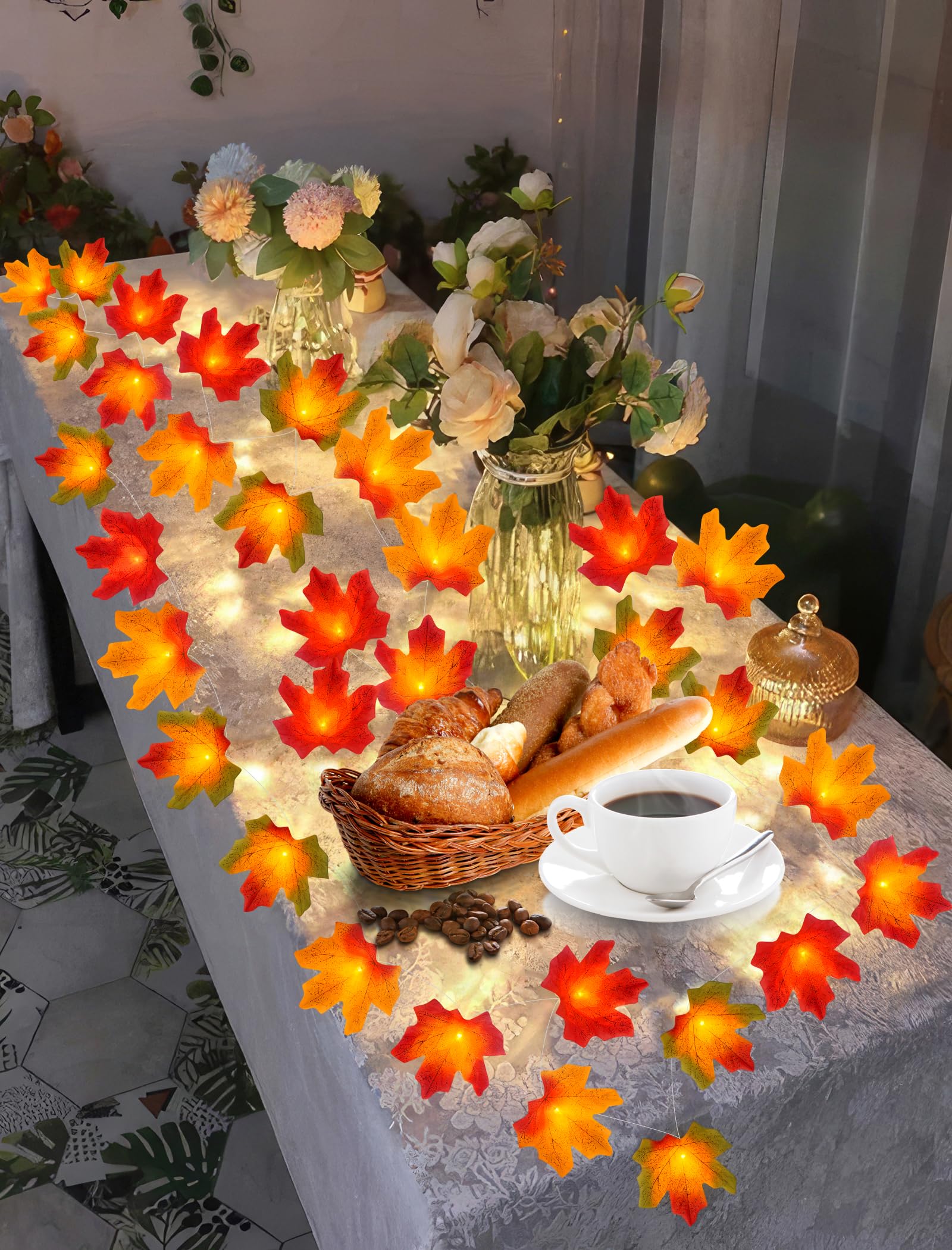 Eoako 20Ft Led Fall Maple Leaves String Lights - Warm White Outdoor Decor For Halloween & Thanksgiving