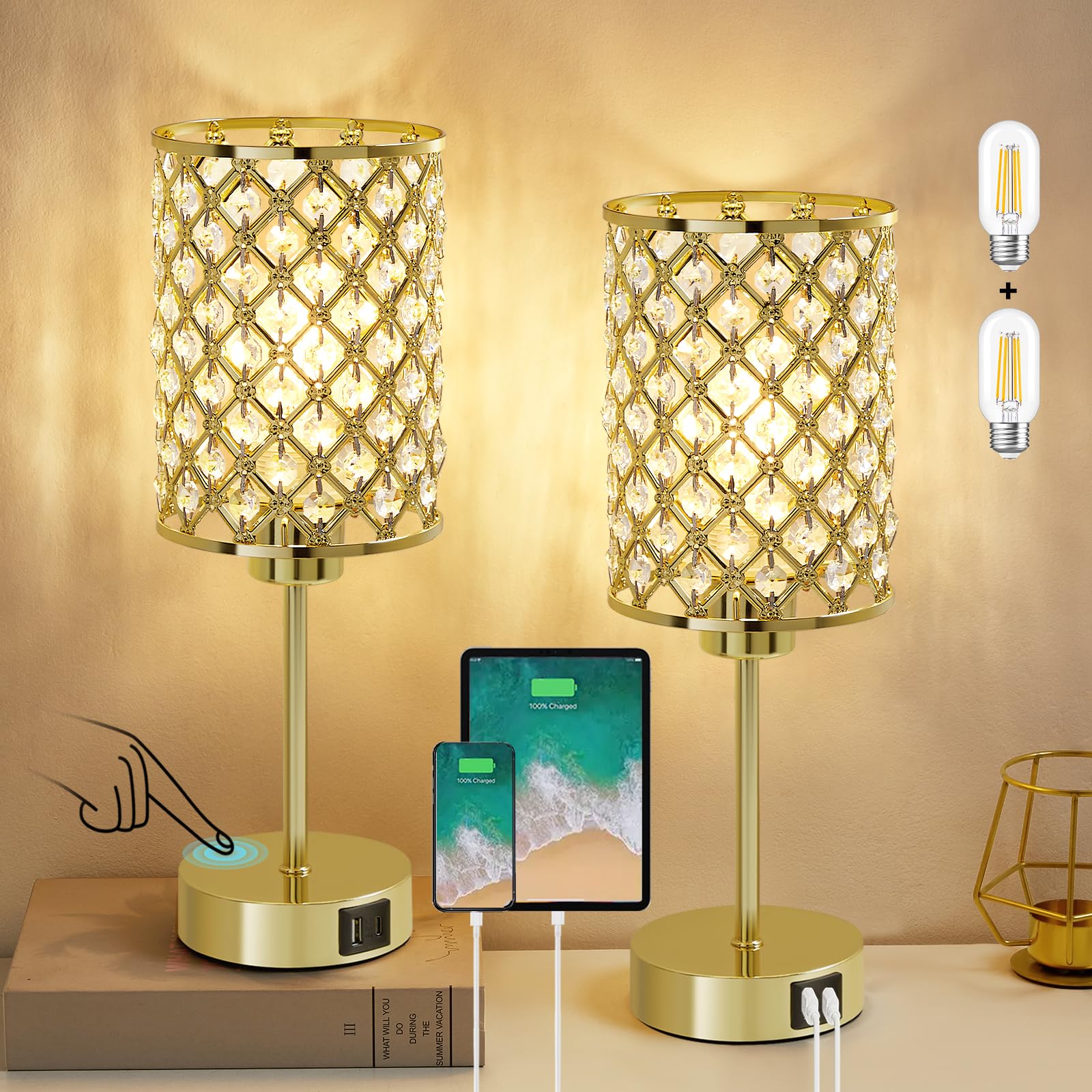 Crystal Table Lamps Set Of 2, Gold Touch Lamp For Nightstand With Usb C+A Ports, 3 Way Dimmable Small Bedside Lamp With Crystal 