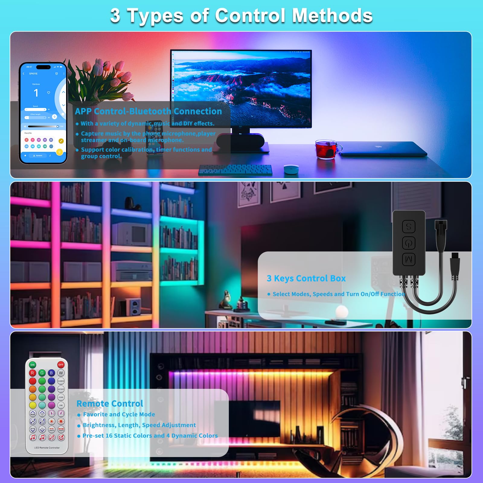 Gingsow SP611E Bluetooth Music LED Controller for WS2812b/WS2811 RGB LED Strips, DC5V-24V, APP/IR Remote Control