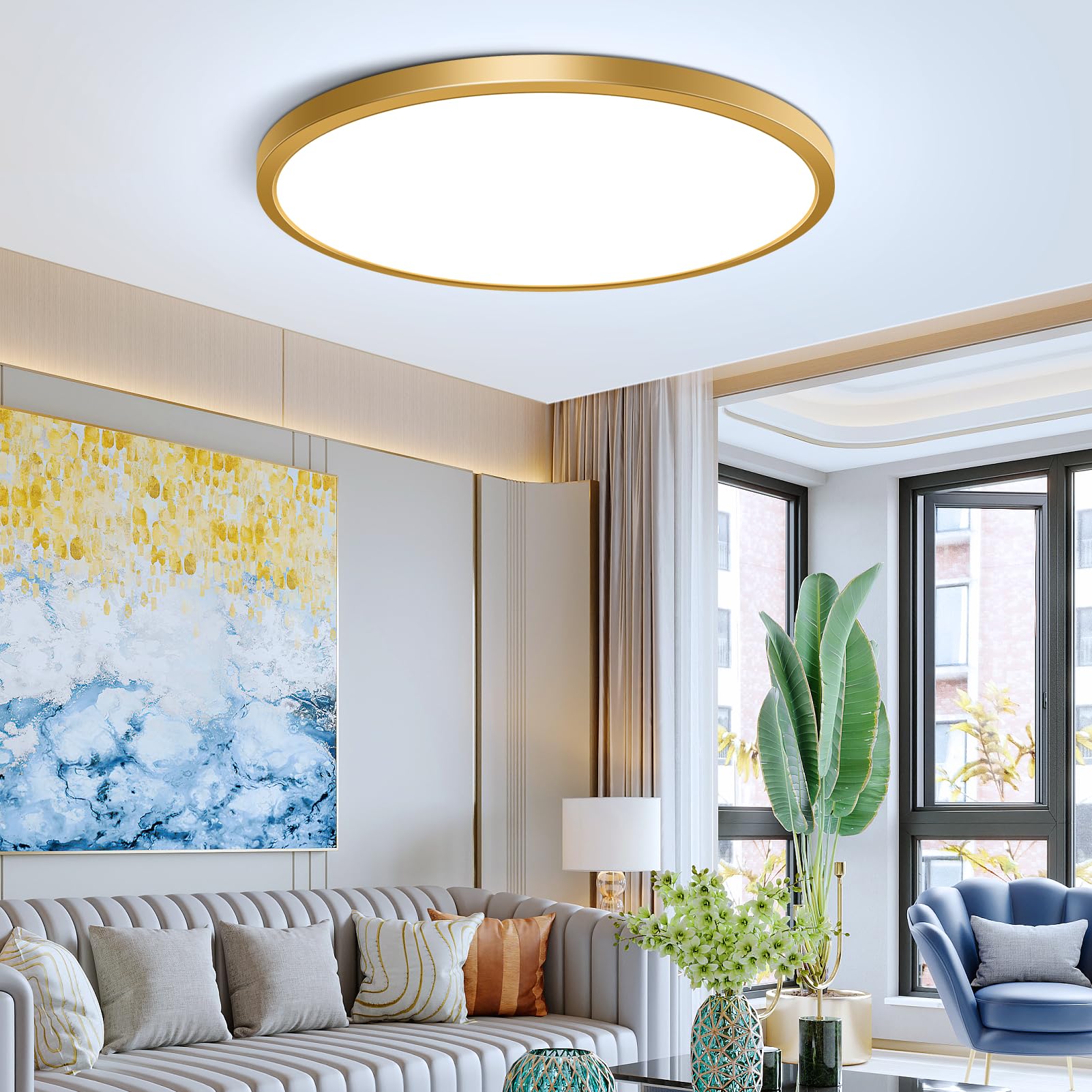 12Inch Gold Flush Mount Ceiling Light Fixture   24W(240W Equivalent)  3200LM  6000K Cool White  IP40  Flat Modern Round LED Ceiling Lights for Bedrooms  Living Rooms  Bathrooms  Stairwells  etc.
