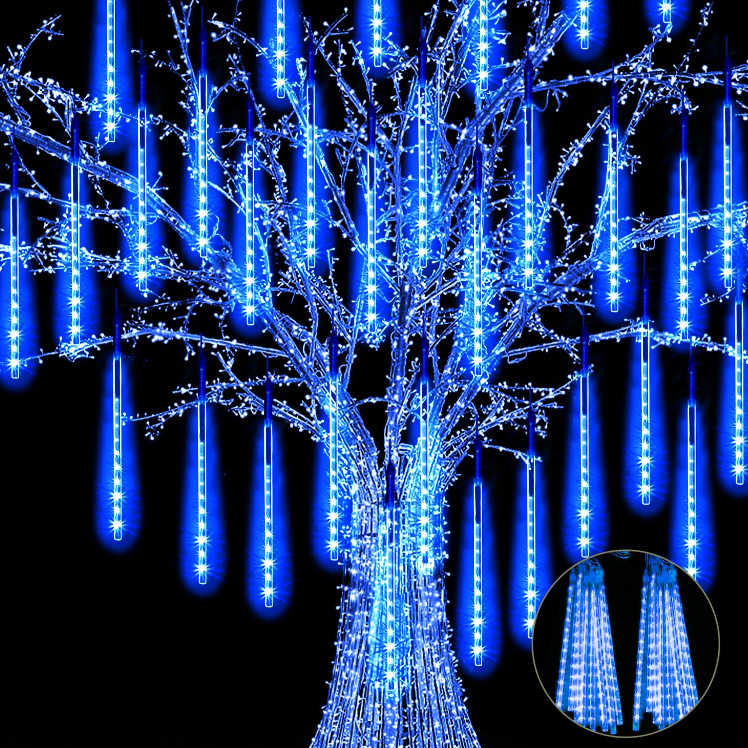 Jjgoo ?2 Pack? Christmas Lights Meteor Shower Rain Lights 12Inch  Totally 20 Tube 480 Leds Icicle Light Outdoor Raindrop Light For Xmas Halloween Wedding Party Tree Holiday Decoration  Blue