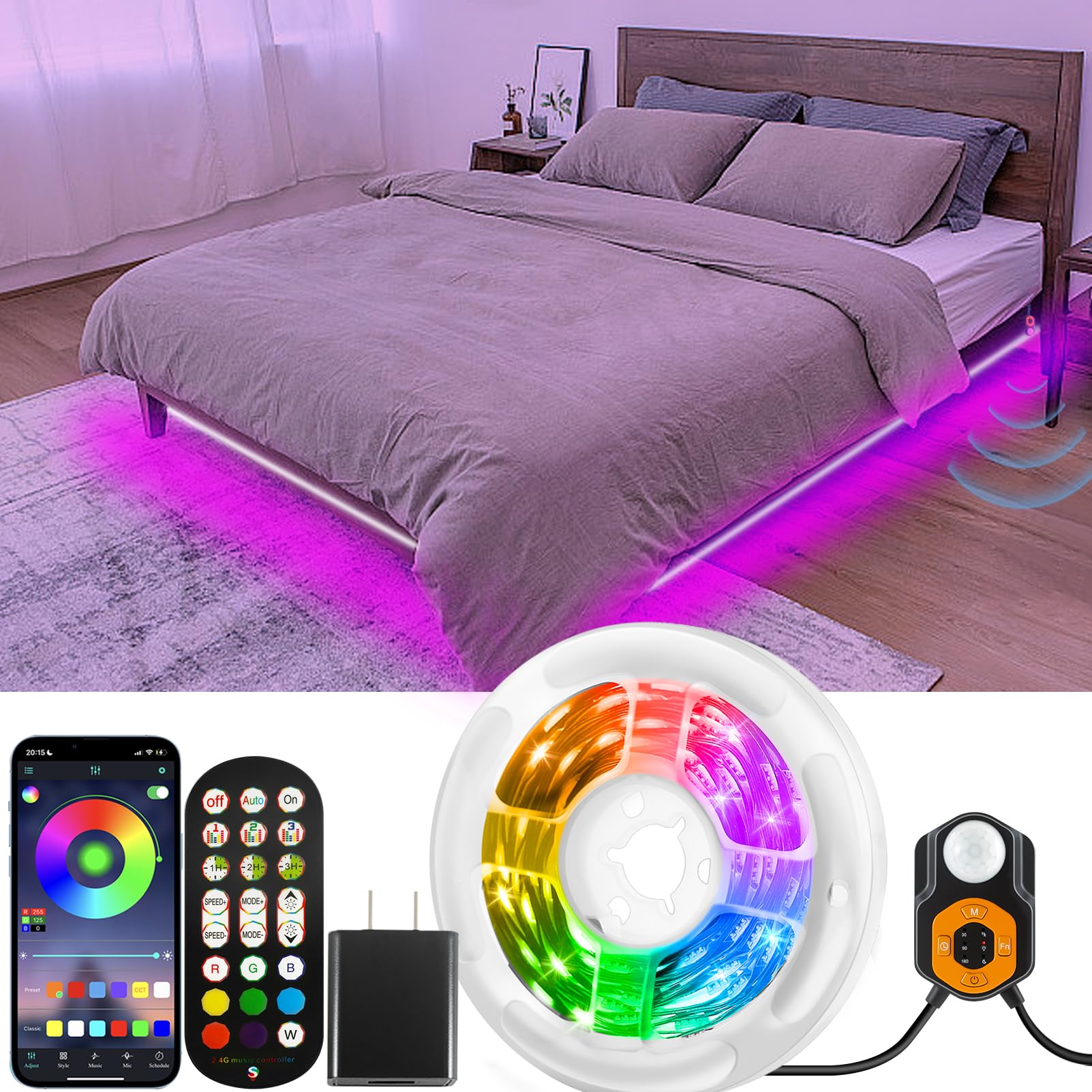 Auplf Motion Sensor LED Light Band 19.68ft Under Bed Lights  RGB 3 Mode Motion Activated Bed Light with Music Sync and Timer  Dimmable Color Changing LED Lights Valentine Decor