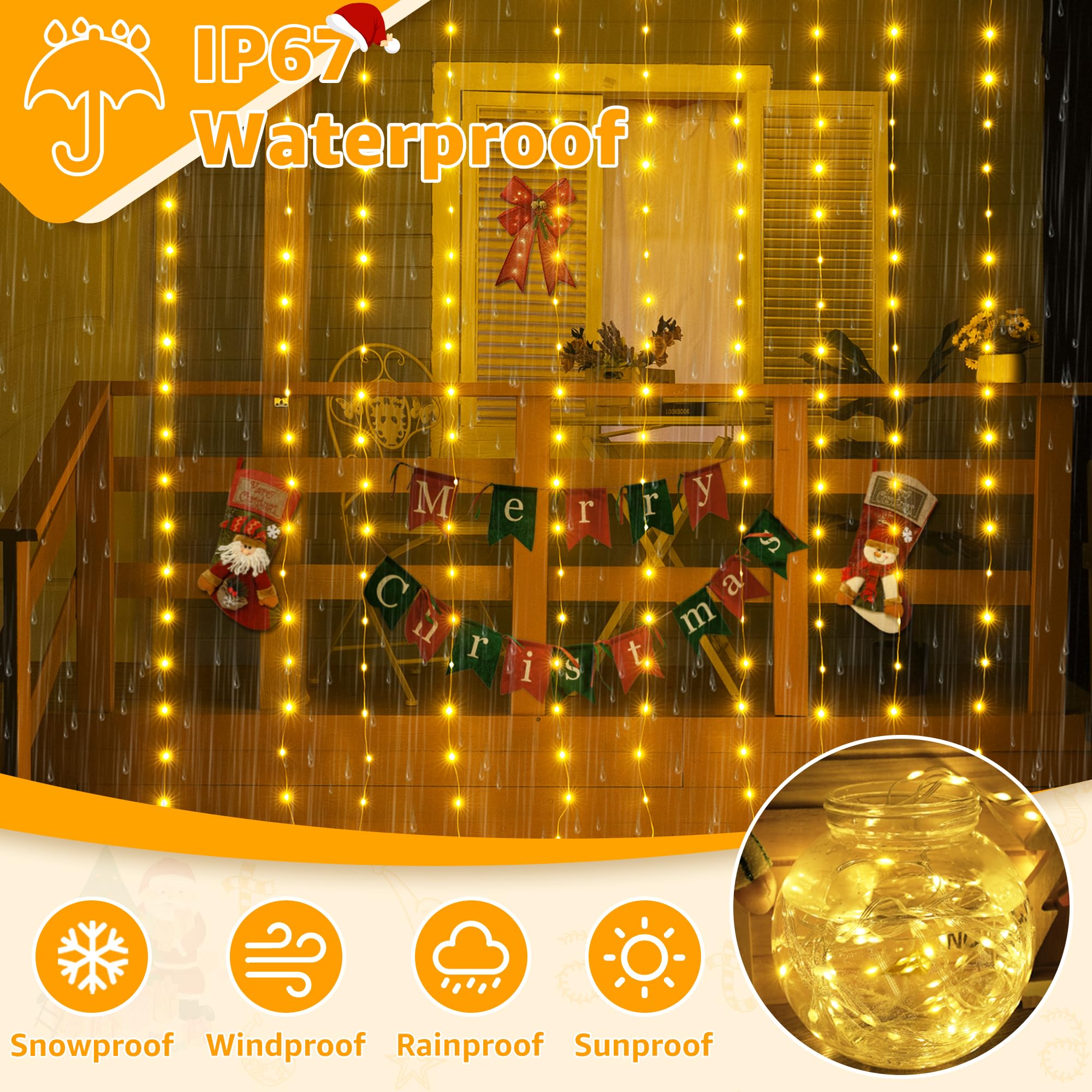 Ollny Curtain Lights 300Led 9.8Ftx9.8Ft, Connectable Ip67 Waterproof Outdoor Curtain String Lights With Remote, Plug-In Untangle Fairy Lights With 8 Modes 3 Timers For Wall Backdrop Decor(Warm White)