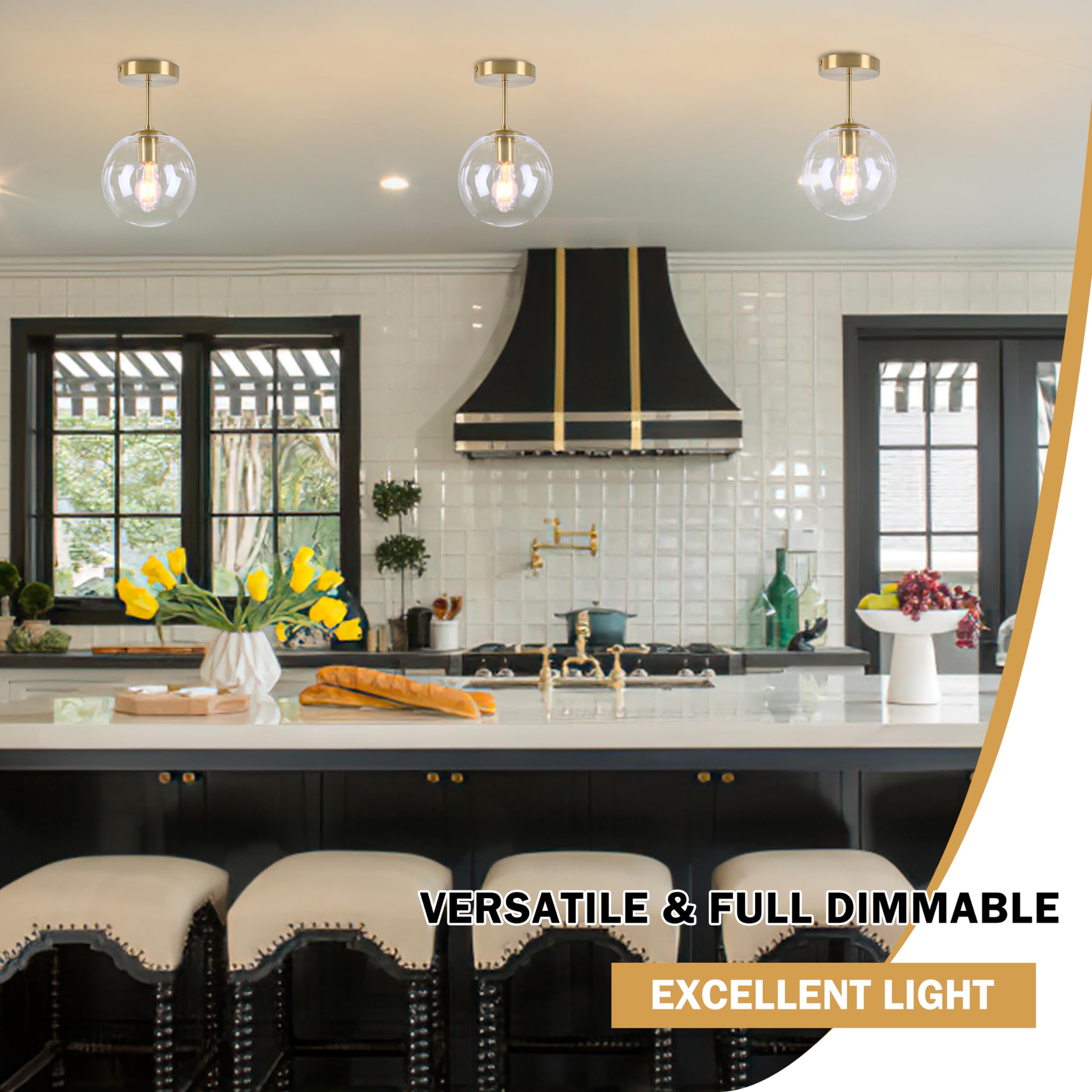 Bagood Globe Semi Flush Mount Ceiling Light, Clear Glass With Brass Finish, Contemporary Mid Century Modern Style Lighting Fixtu